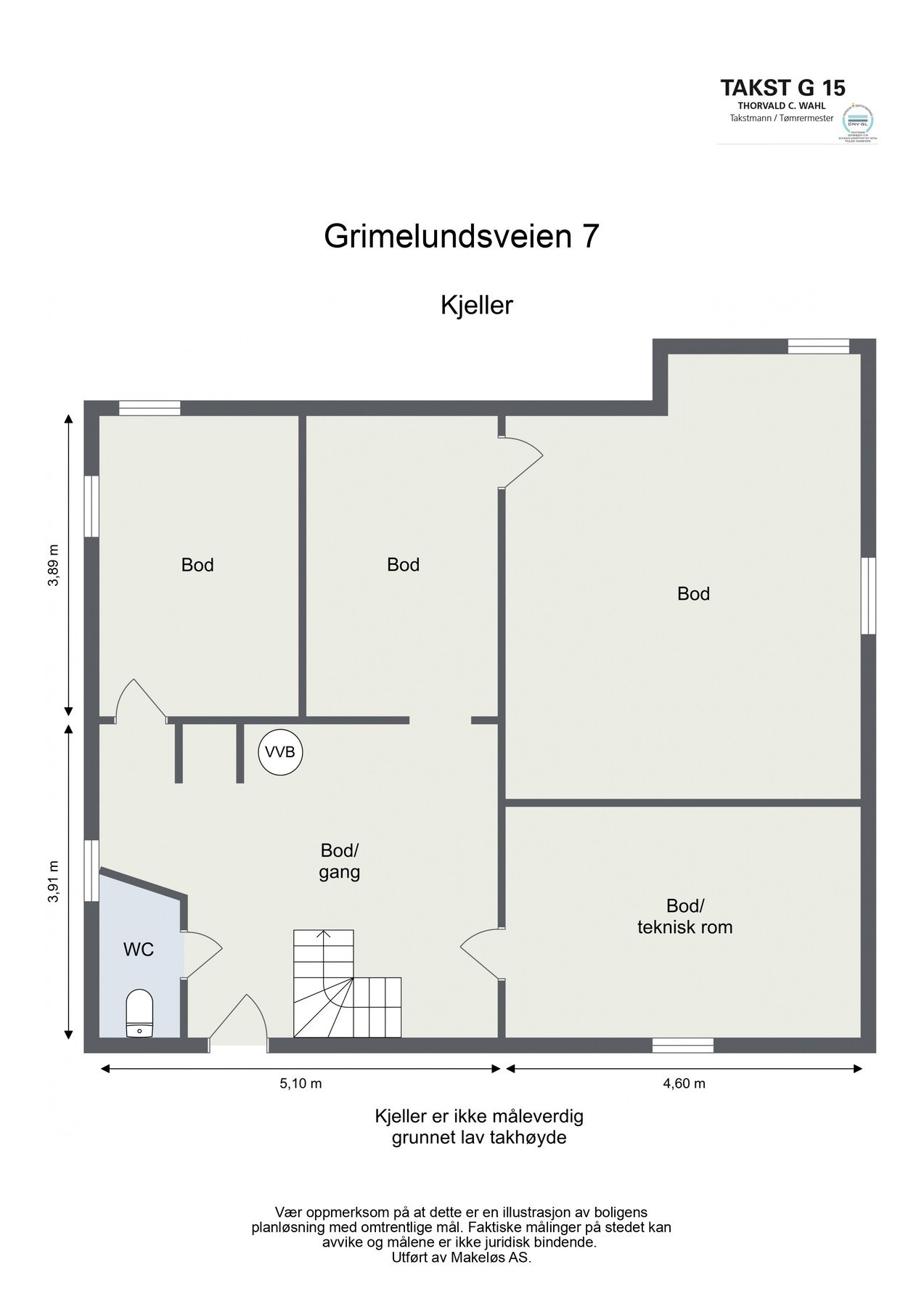 Planløsning kjeller etg.
Kjelleren består av flere bodrom samt et toalett rom og gir gode lagringsmuligheter. Kjelleren er i hovedsak ikke pigget og takhøyden er målt til ca. 1,80 meter, med unntak av ett rom hvor det er foretatt noe utgraving/pigging. Galleribilde