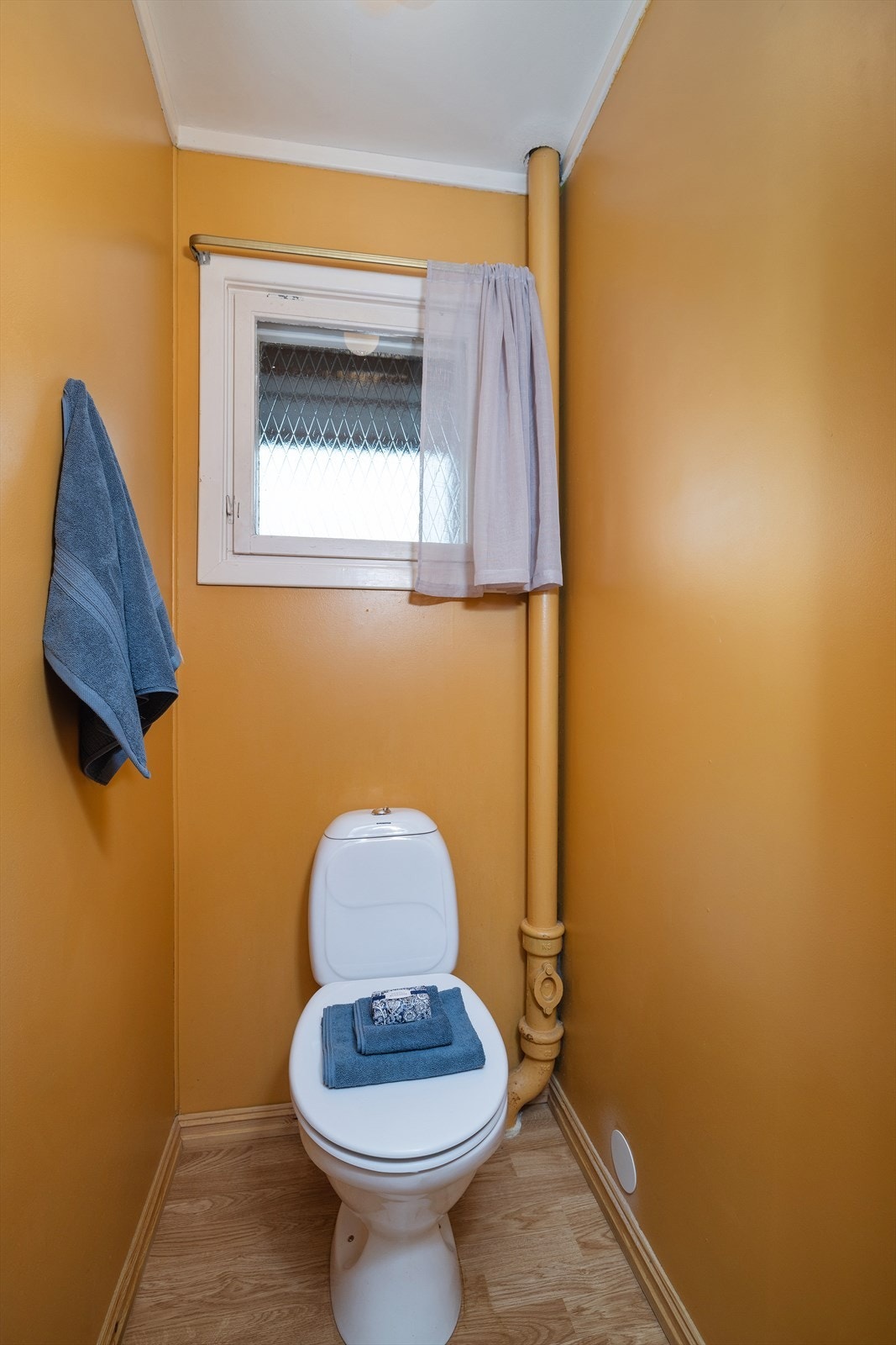 Separat toalettrom med overflater av eldre dato. Galleribilde