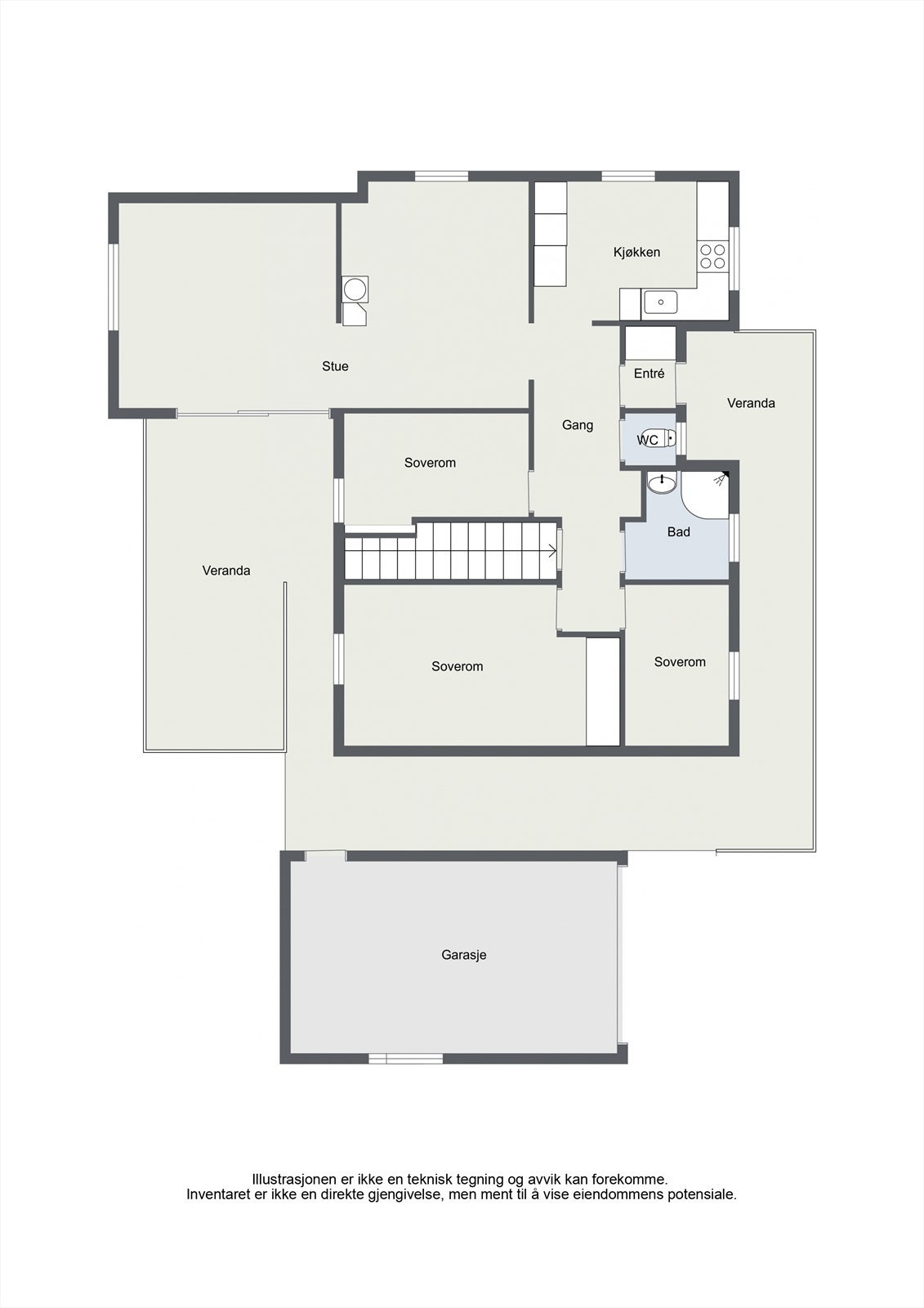 Hovedetasjen har en praktisk planløsning med stue, kjøkken, tre soverom, bad og toalettrom. Galleribilde