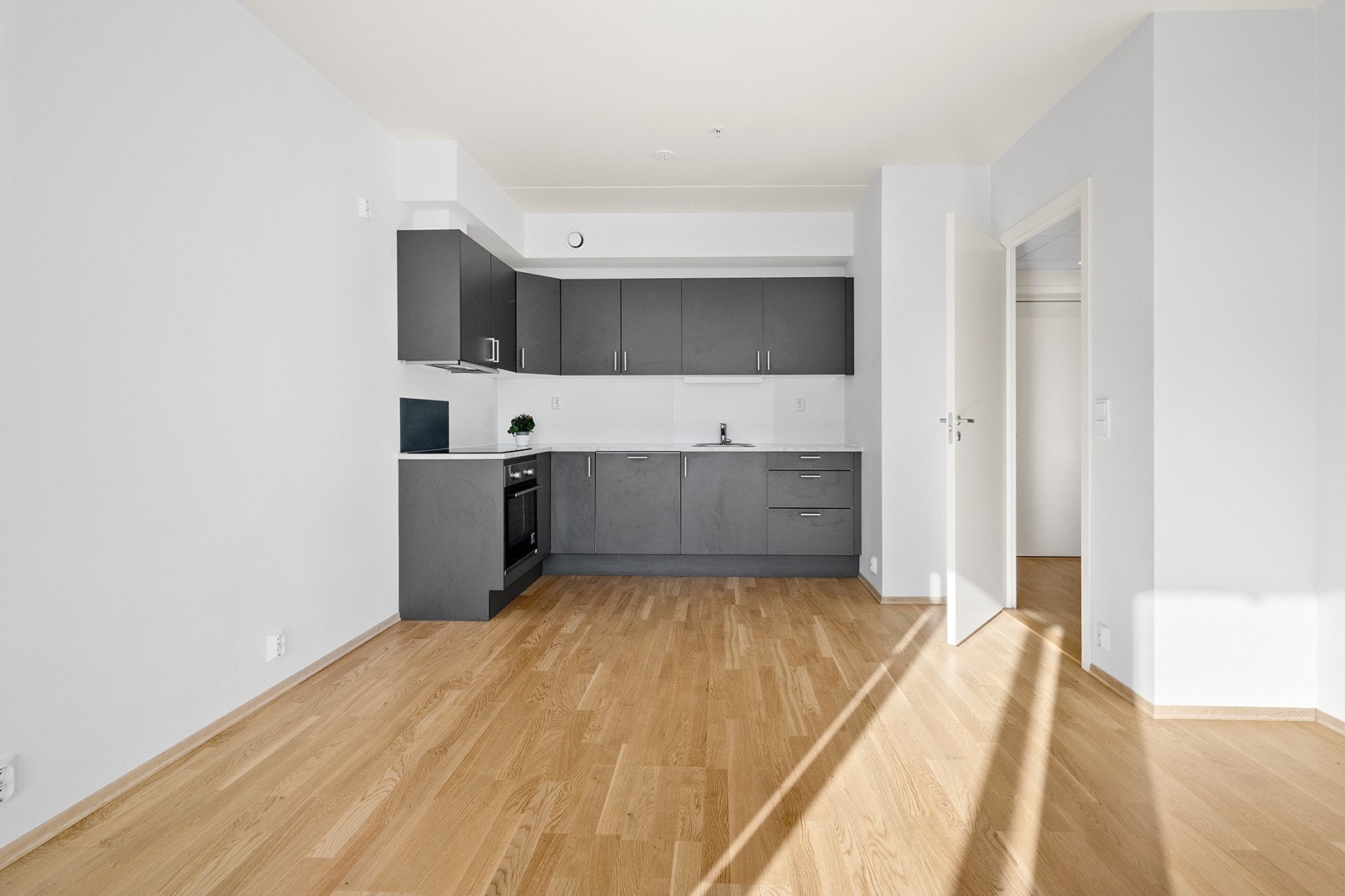 Leiligheten har en åpen løsning mellom stue og kjøkken som bidrar til en god og sosial romfølelse Galleribilde