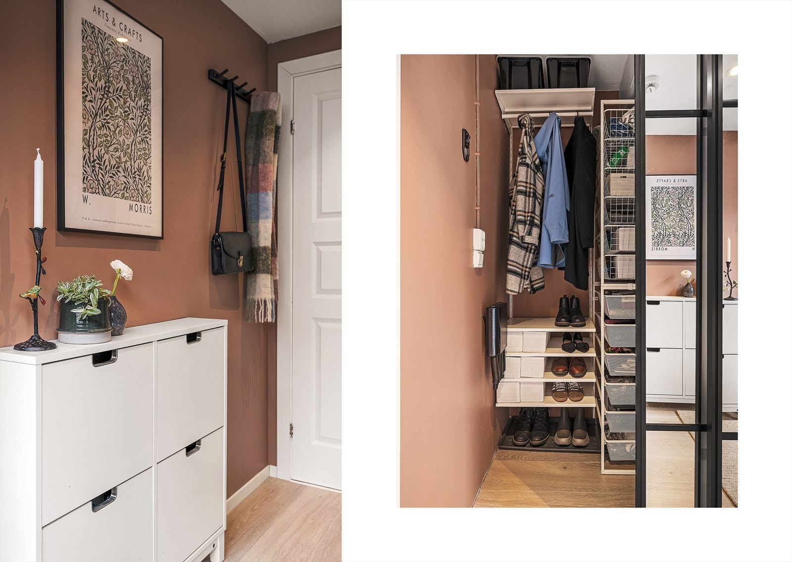 Entréen er praktisk innredet med skyvedørsgarderobe på den ene veggen og veggplass til knaggrekke på den andre for å holde sko og yttertøy pent organisert. Det er montert porttelefon. Galleribilde