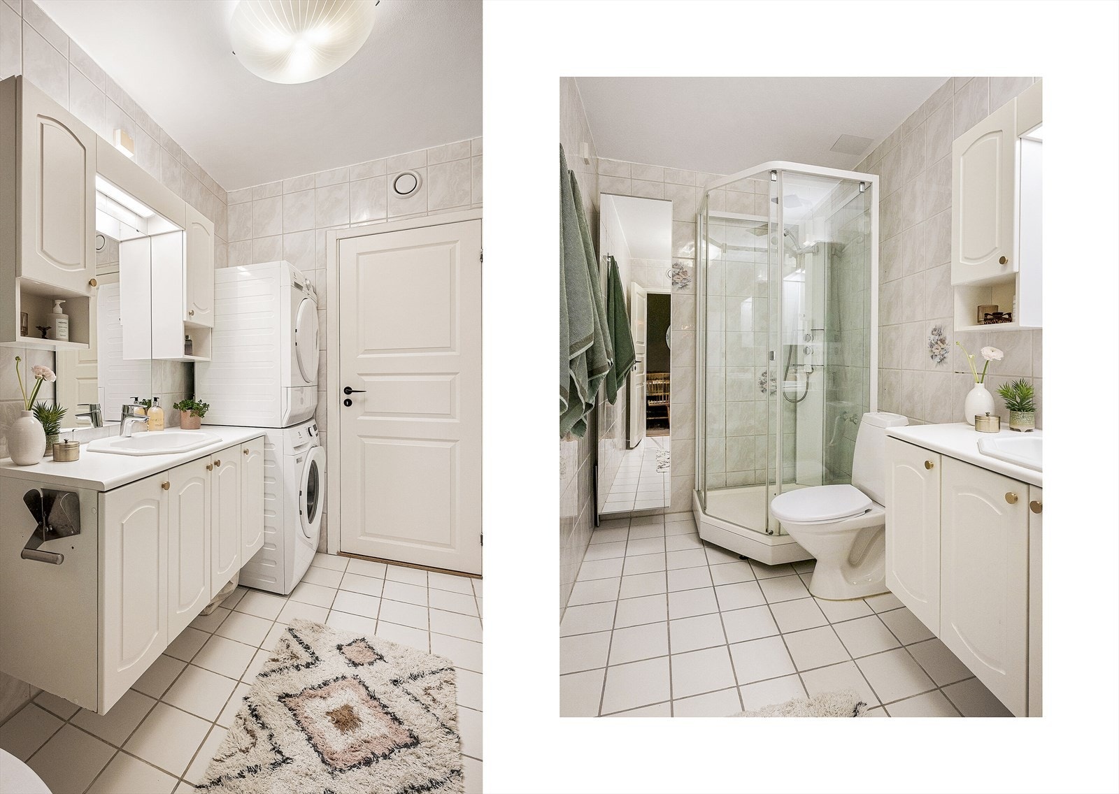 Opplegg for vaskemaskin og tørketrommel. Begge medfølger i handelen. Varmekabler i gulvet med ny termostat fra 2026. Galleribilde