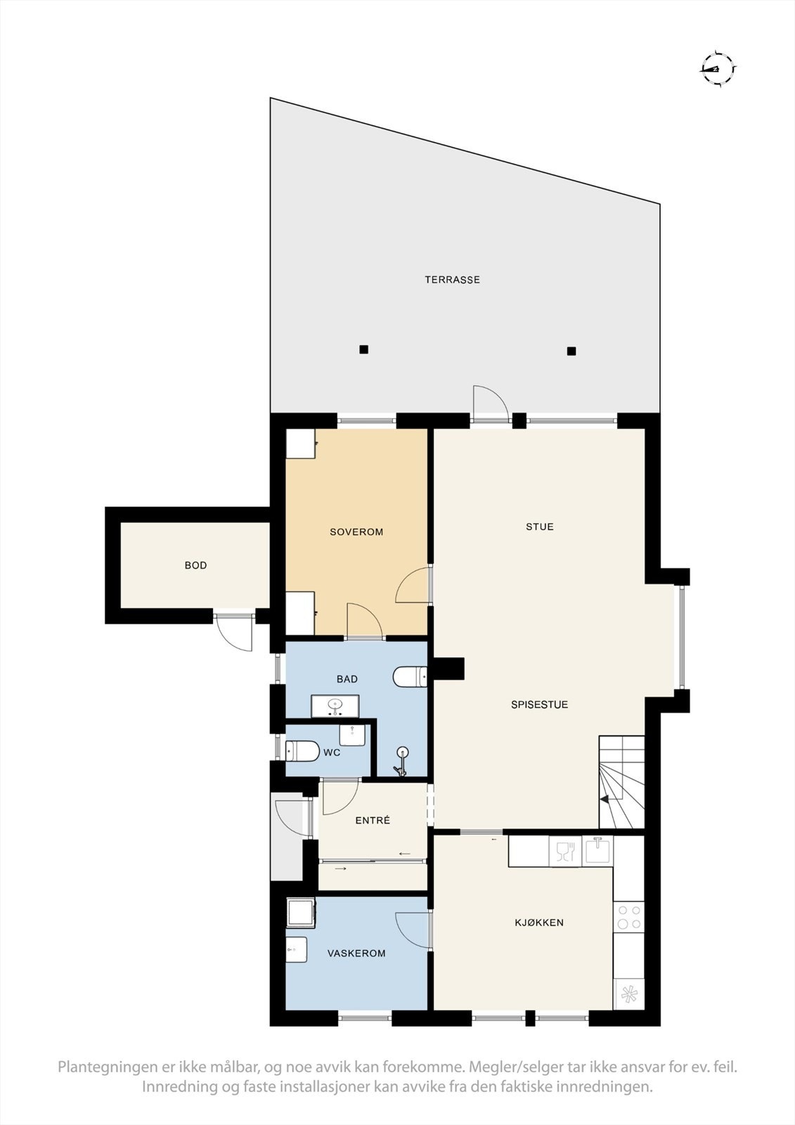 1. etasje har en familievennlig planløsning med stue, kjøkken, vaskerom, bad, toalettrom og et soverom. Galleribilde