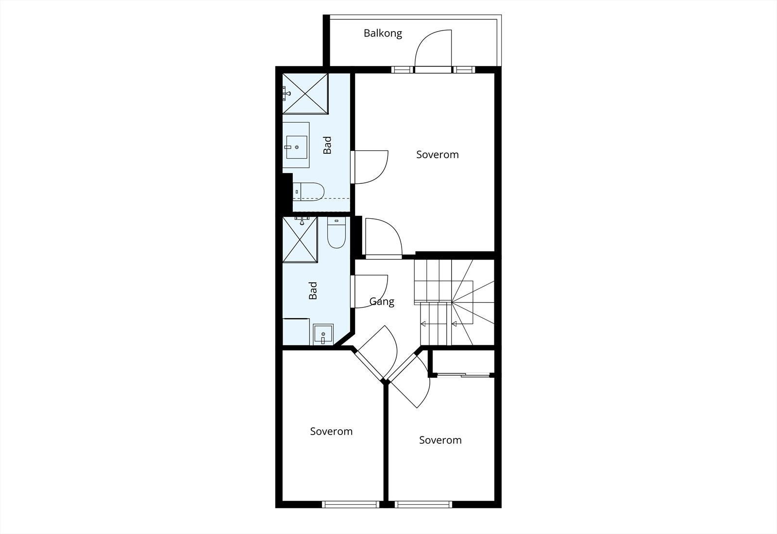 Andre etasje er en privat sone med tre soverom og to bad. Galleribilde