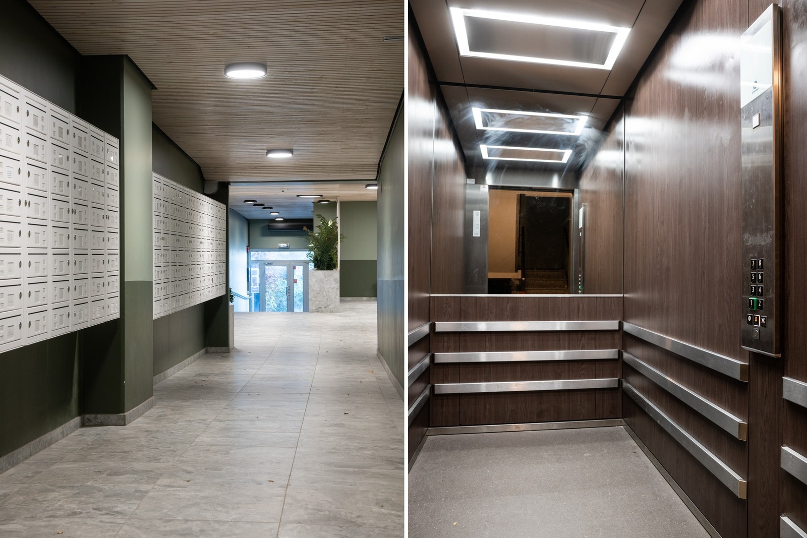 Pent og moderne inngangsparti i nederste plan av sameiet, med oppgraderte overflater. Oppusset av sameiet i nyere tid. Galleribilde