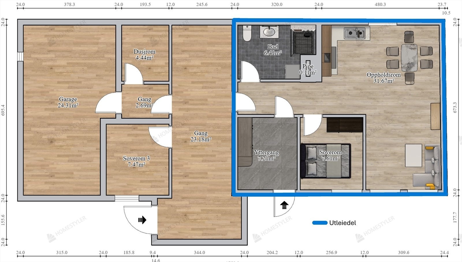 Selger har nylig fått bruksendring av Rana kommune for å kunne etablere utleiedel i 1.etg. Denne godkjennelsen vil selvsagt følge ny eier ved kjøp. Galleribilde