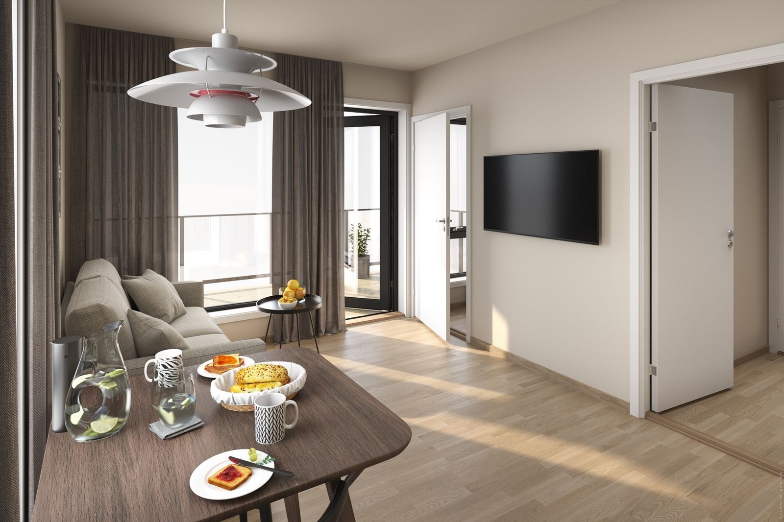 Stue med utg. til stor, overbygget balkong med morgensol og kveldssol på sommeren. Galleribilde