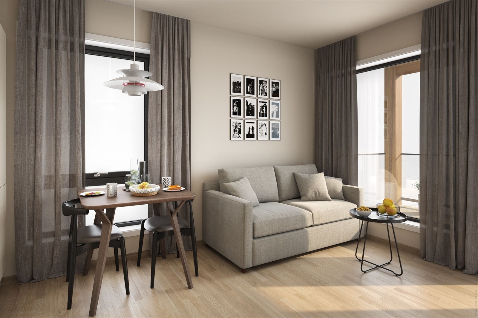 Stue og kjøkken har godt med lys fra to sider Galleribilde