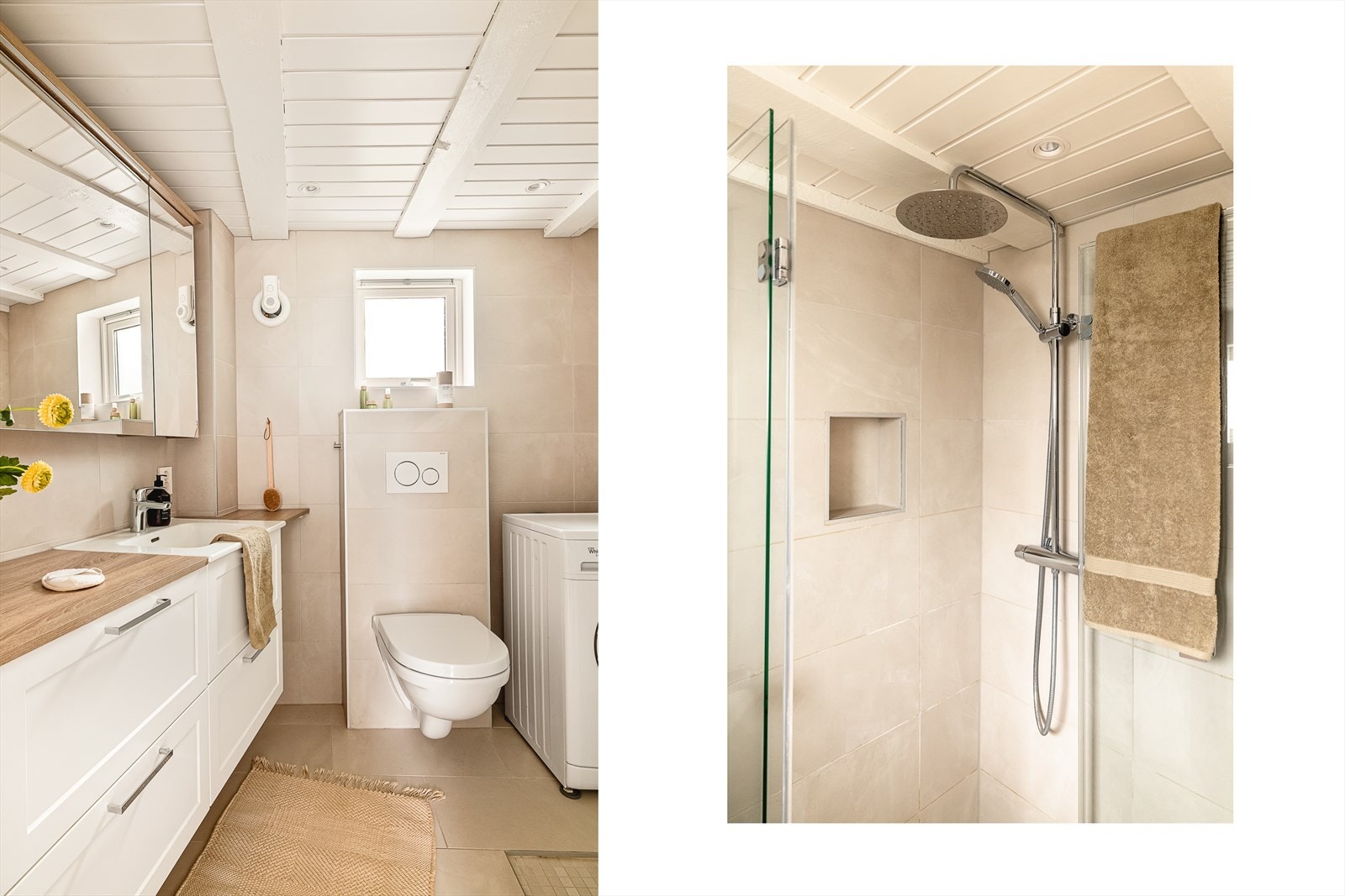 Nytt helfliset bad med varmekabler i gulv, downlights i himling, vegghengt toalett og rainshower i dusjsone, samt opplegg for vaksemaskin og tørketrommel Galleribilde