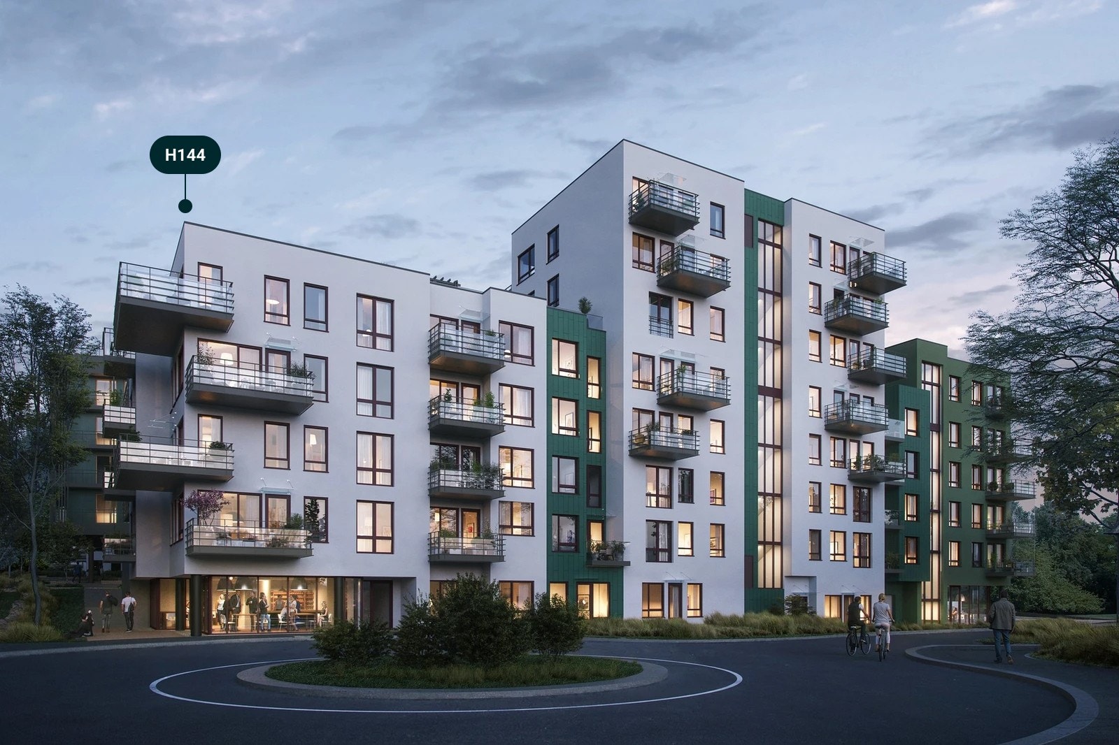 Fasade og balkonger med markert plassering av leilighet H144. Galleribilde