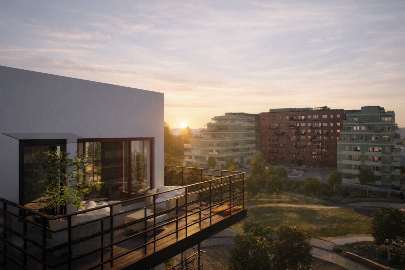 Balkong med utsyn mot felles uteområde. Galleribilde