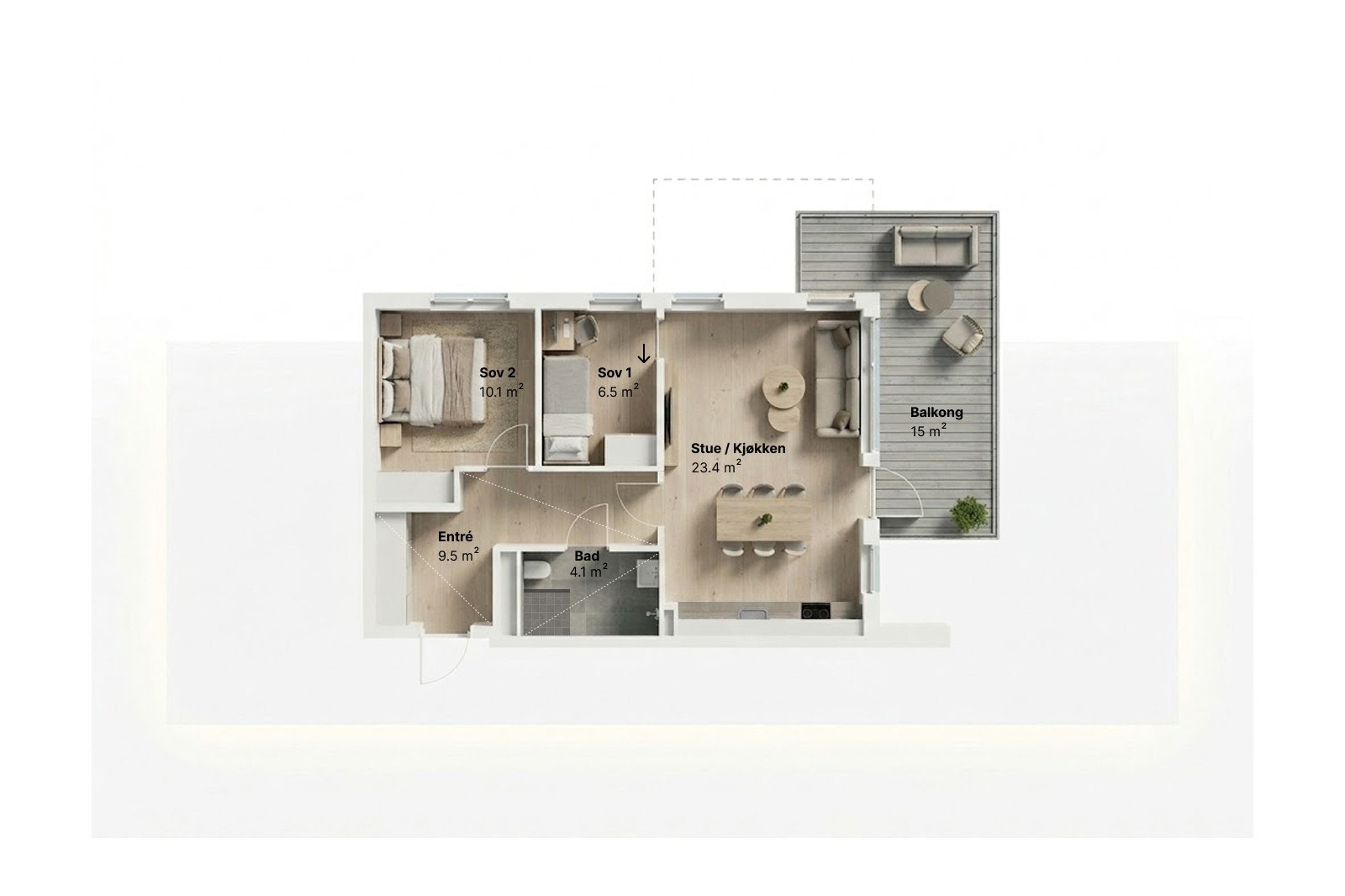 Illustrasjon av planløsning for leilighet H144. Møblering er kun ment som illustrasjon | Avvik vil forekomme Galleribilde