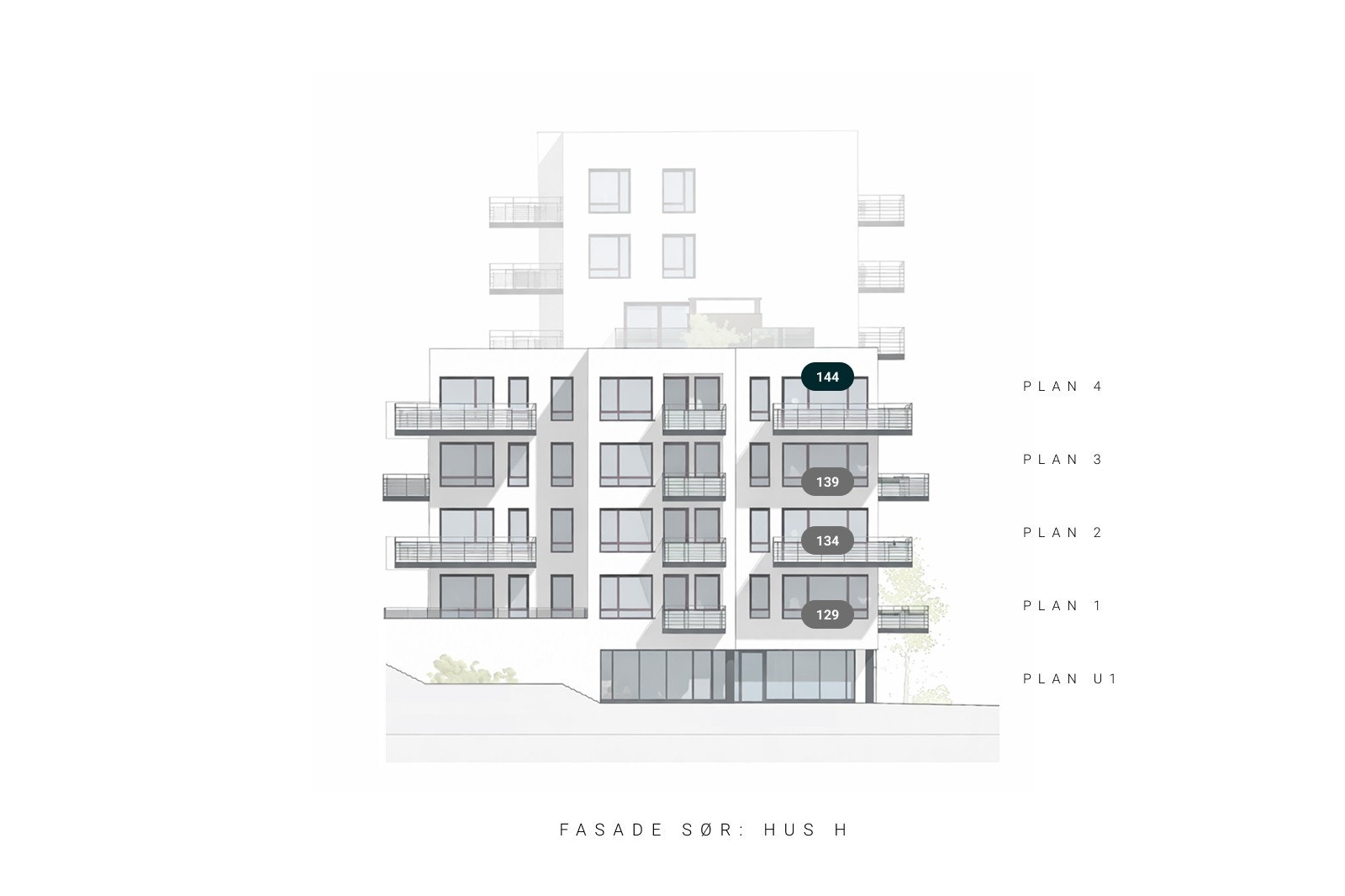 Fasadetegning som viser plasseringen av leilighet 144 i hus H. Galleribilde