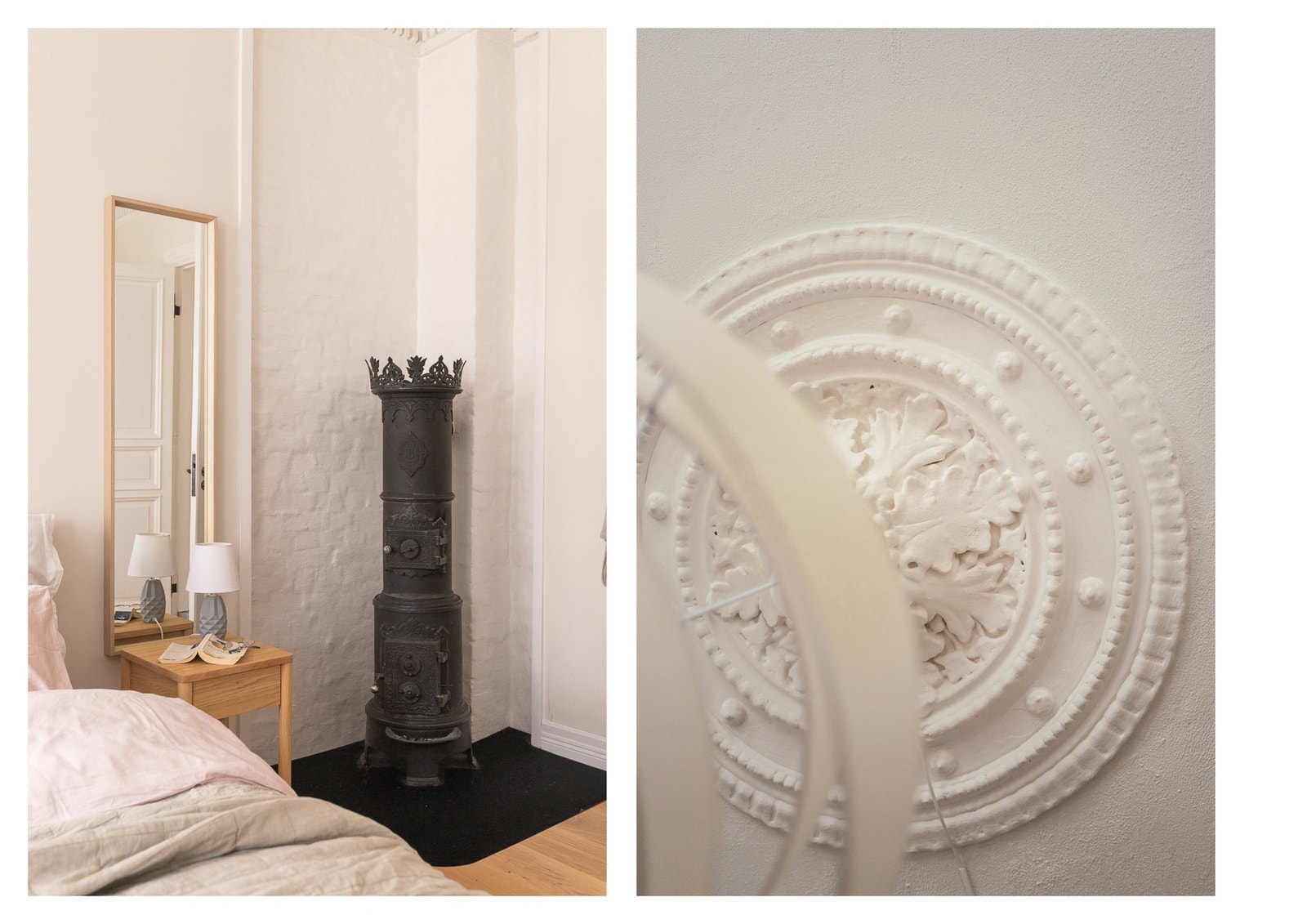 Støpejernsovn, stukkatur og rosett fremhever leilighetens klassiske preg. Galleribilde