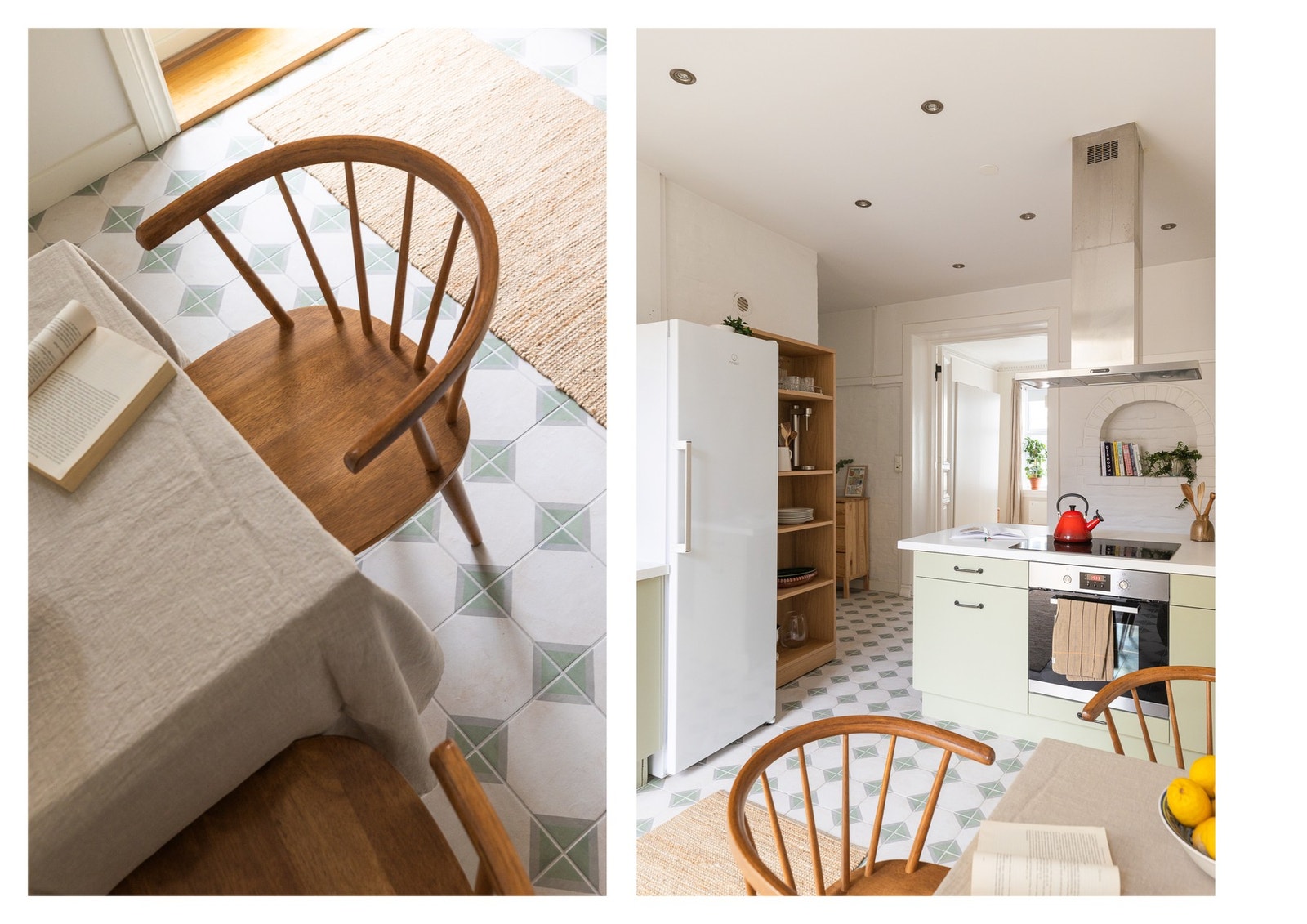 De dekorative flisene på gulvet tilfører kjøkkenet et særpreget uttrykk. Galleribilde