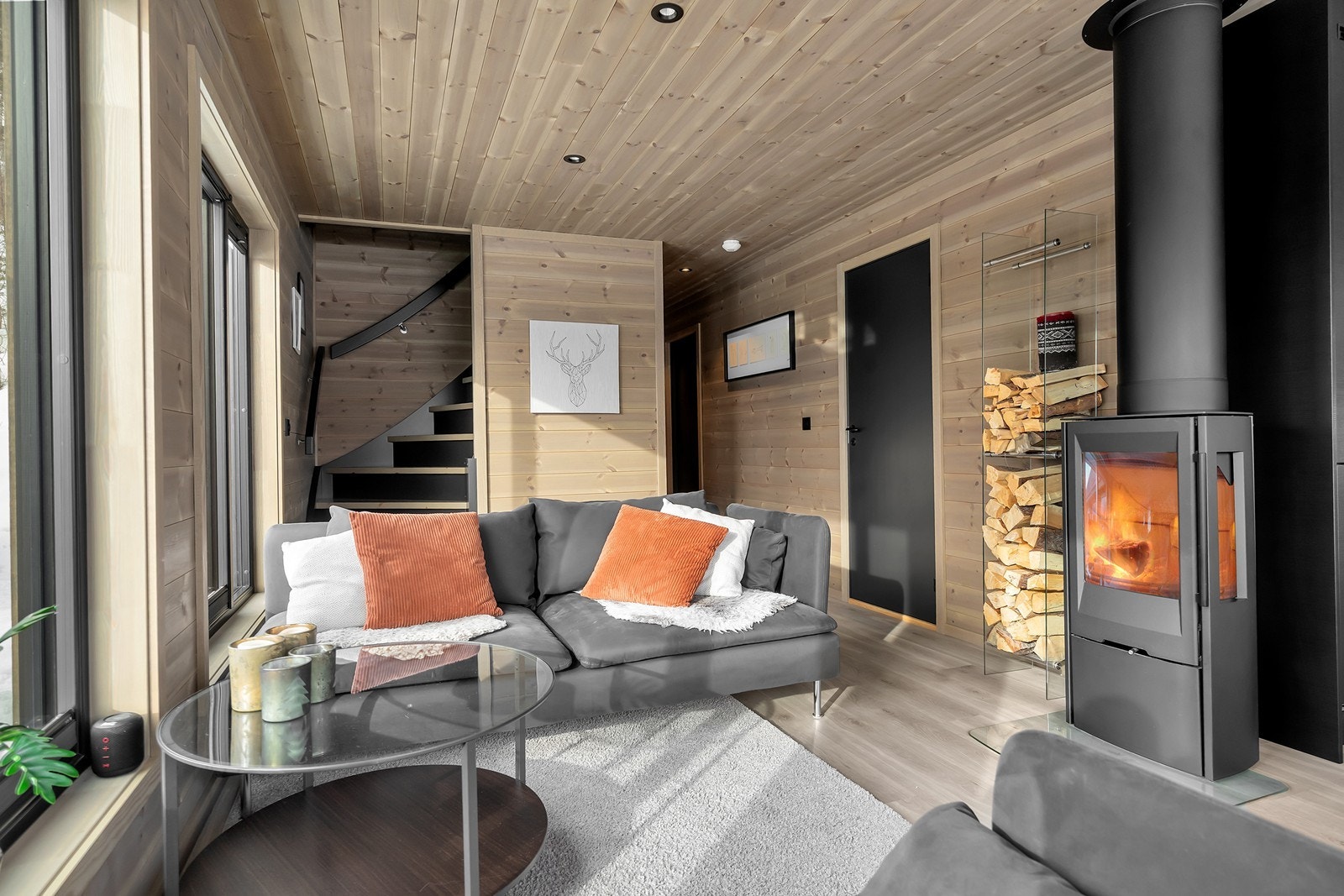 Stue med peisovn med glass i 3 av sidene for godt innsyn Galleribilde