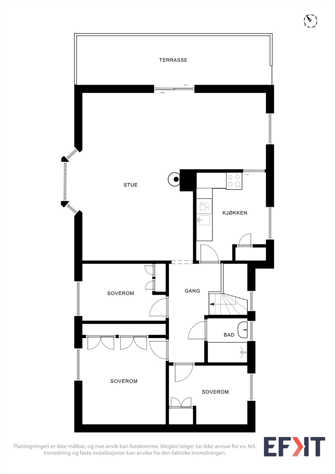 Første etasje har en funksjonell planløsning og rommer stue, kjøkken, bad og tre soverom. Galleribilde