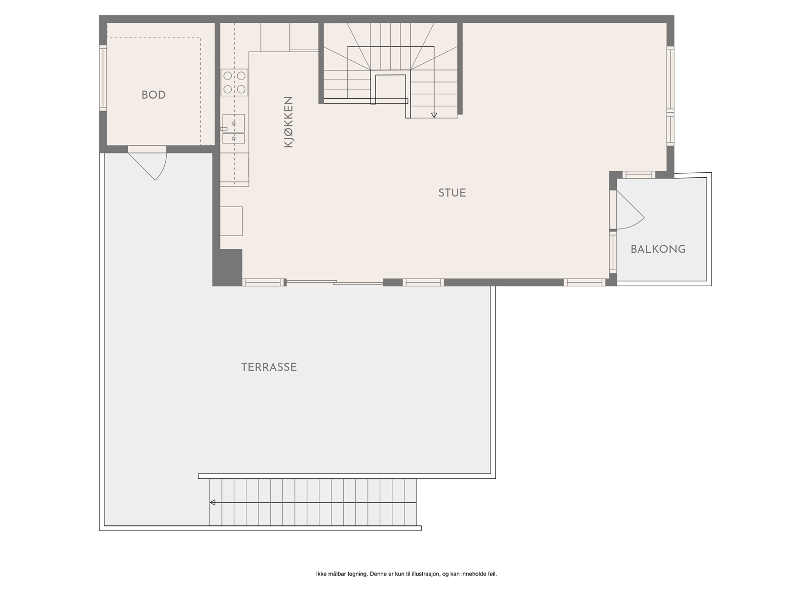 Omvisningen starter i hovedetasjen hvor man har stue/kjøkken, utvendig bod og stor terrasse samt en luftebalkong i front. Galleribilde
