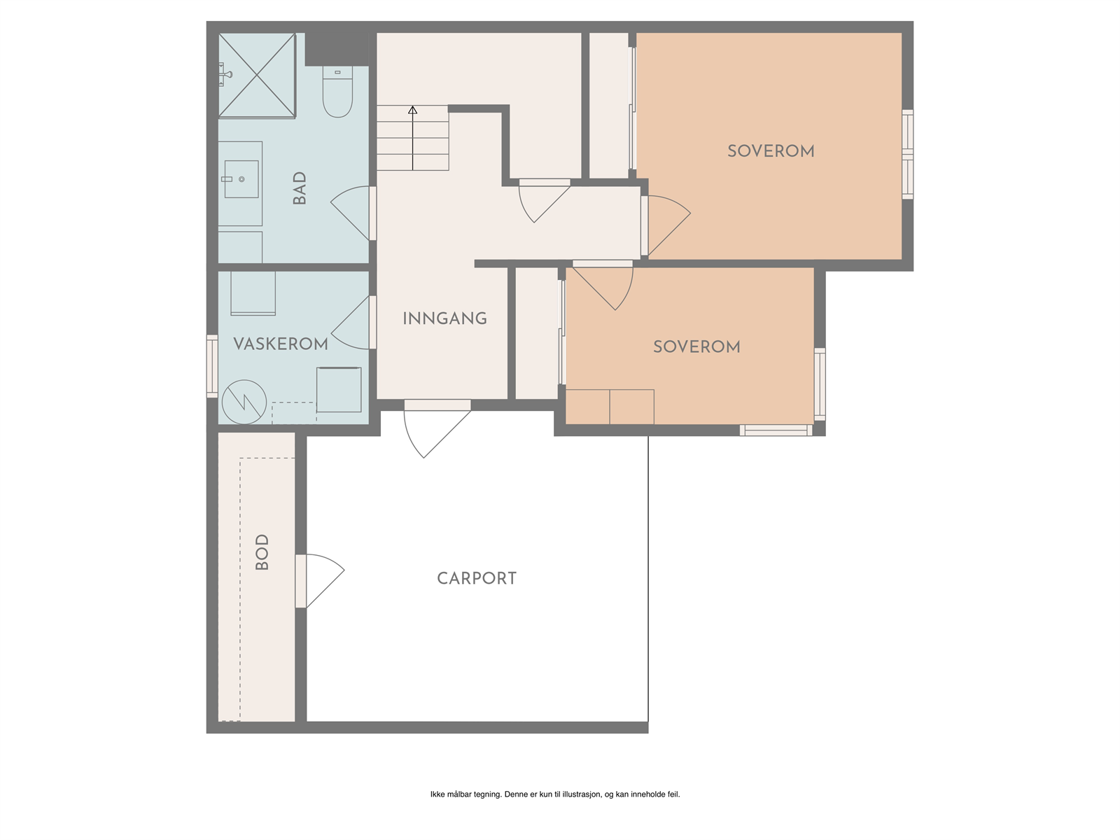 Omvisningen fortsetter i underetasjen hvor det er gang med entre, 2 soverom, bad, vaskerom samt en utvendig bod og carport. Galleribilde