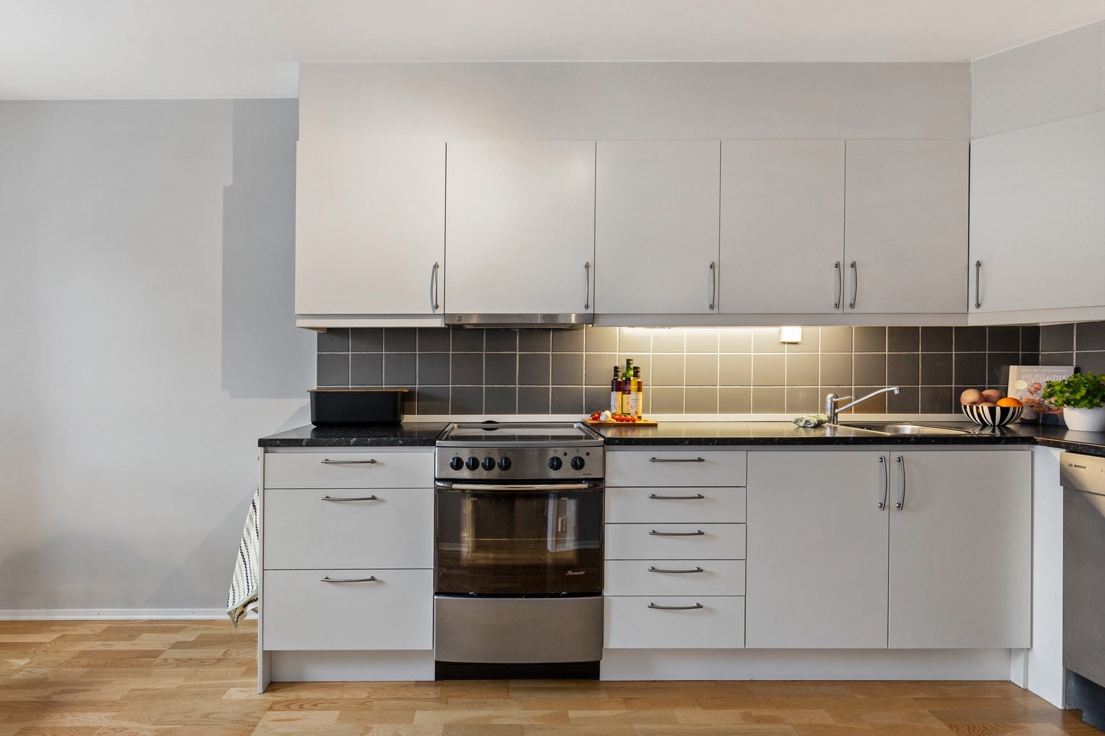 Kjøkkenet er utstyrt med kullfilterventilator over kokeplassen. Komfyr og kjøleskap medfølger. Galleribilde