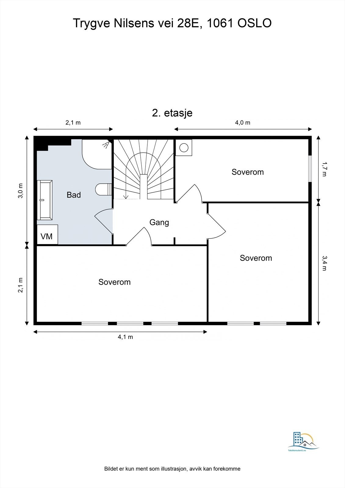 Andre etasje er en privat sone med tre soverom og et felles bad, adskilt fra de sosiale rommene. Galleribilde