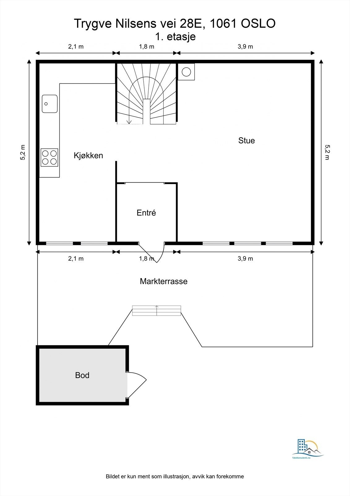 Første etasje er en sosial sone med stue og kjøkken, samt utgang til en vestvendt markterrasse. Galleribilde