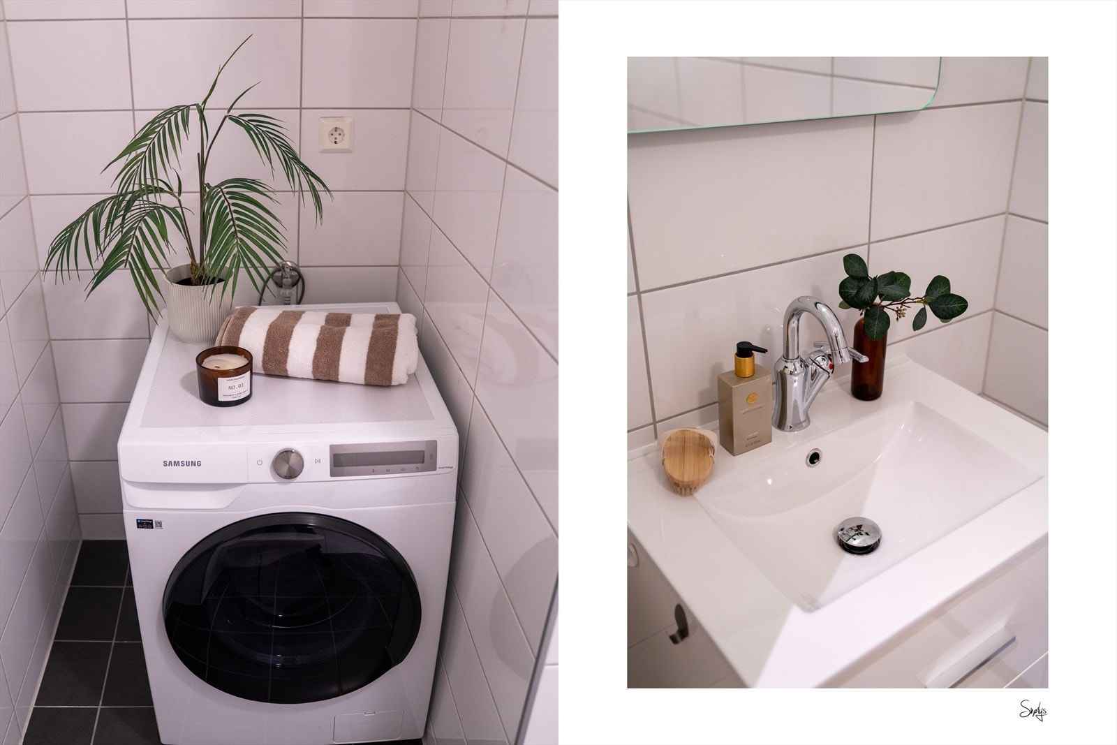 Praktisk og funksjonelt vaskerom med keramiske fliser på gulv og vegger og malt platekledning i himlingen. Rommet er innredet med servant med møblement, speil og belysning samt vegghengt toalett. Galleribilde