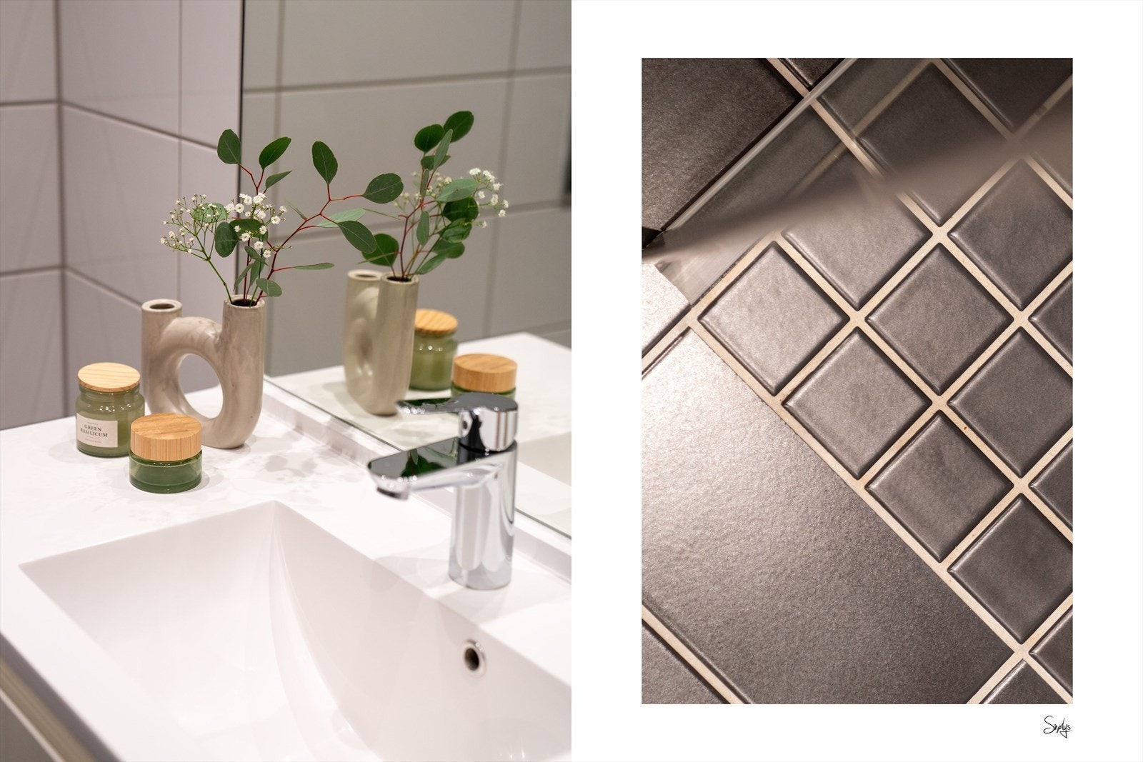 Rommet inneholder servant med møblement og innfliset speil, vegghengt toalett samt dusjhjørne med innfellbare glassdører og dusjgarnityr. Det er også opplegg for vaskemaskin. Avtrekksventil i himlingen sørger for god ventilasjon. Varmekabler i gulv. Galleribilde