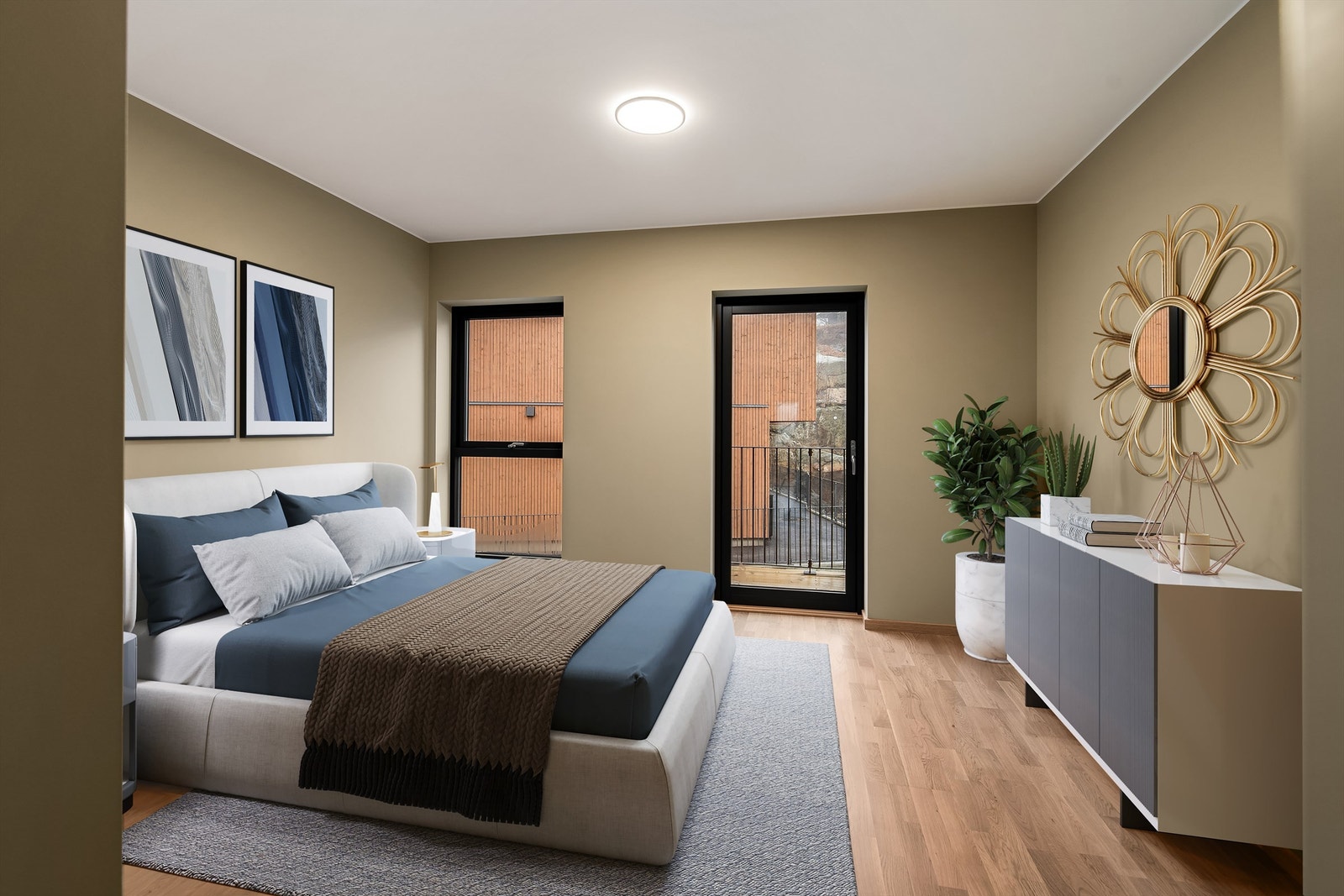 Romslig soverom med gode møbleringsmuligheter og stilrent uttrykk. (Digital stylet) Galleribilde