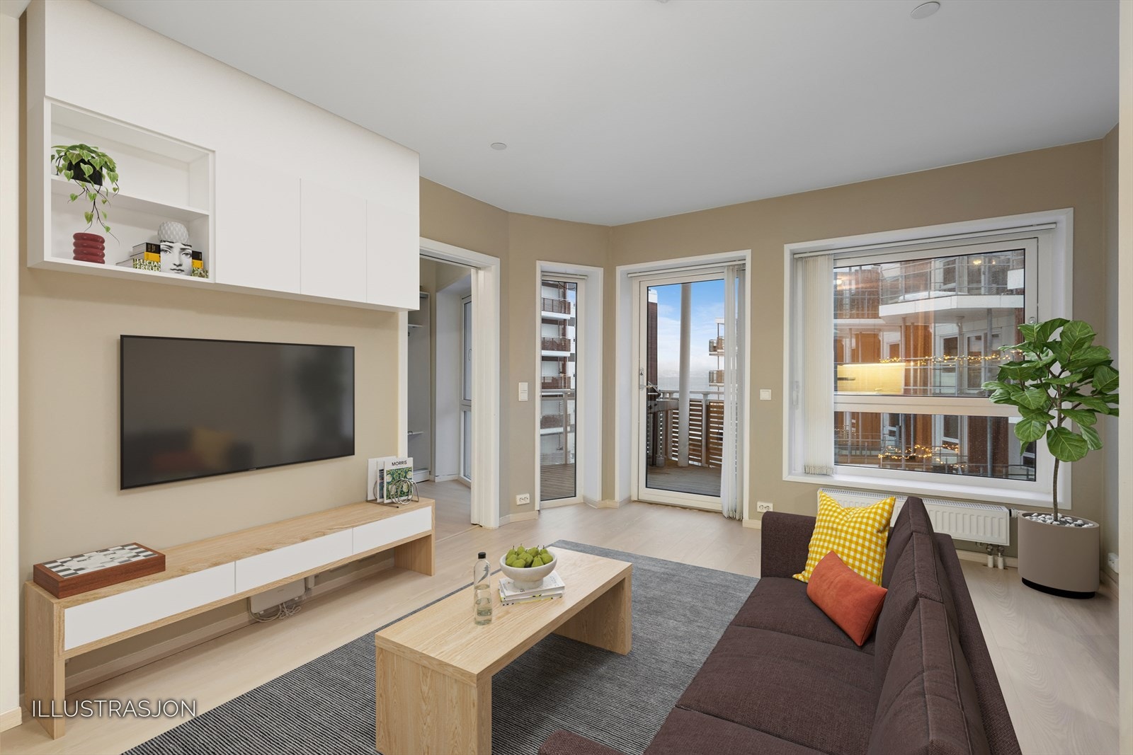 Fra stuen er det utgang til en overbygget, nordvestvendt balkong på 7 m² med utsikt mot sjøen.
Illustrasjon. Galleribilde