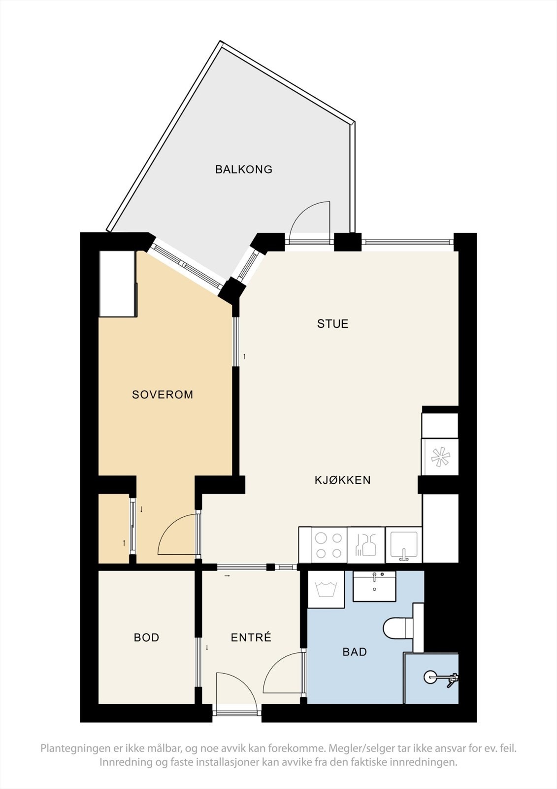 Leiligheten på 42 m² har en arealeffektiv planløsning med soverom, bad, intern bod og åpen stue/kjøkkenløsning. Galleribilde