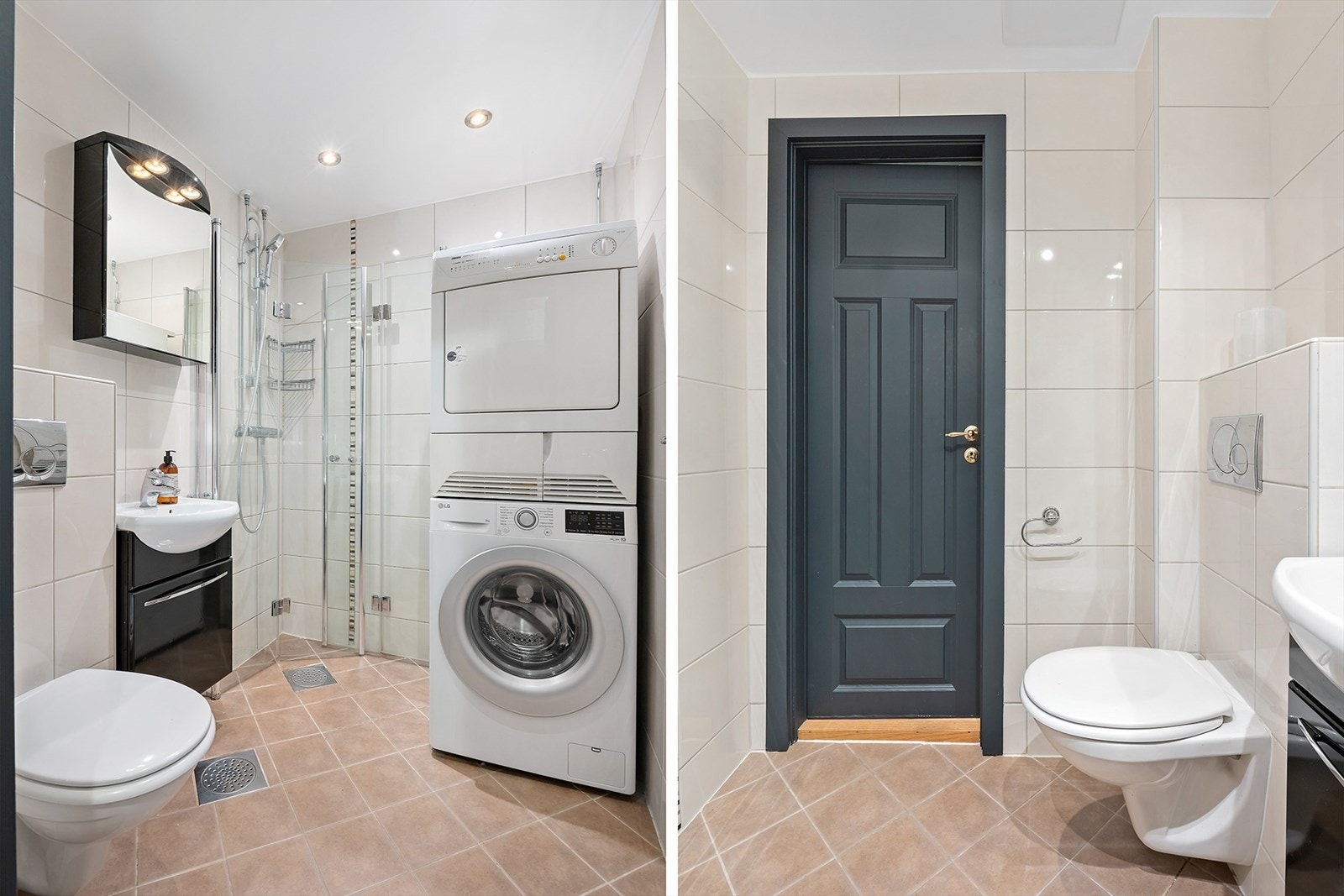 Pent og tidsløst bad fra 2008 med opplegg for vaskemaskin og elektriske varmekabler i gulv. Galleribilde