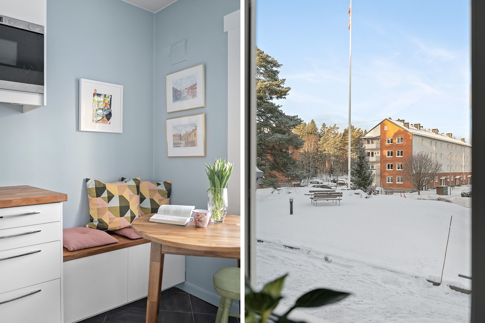 Kjøkkenkrok med sittebenk som skaper en lun og hyggelig plass for morgenkaffen, med utsyn til fellesarealet. Galleribilde