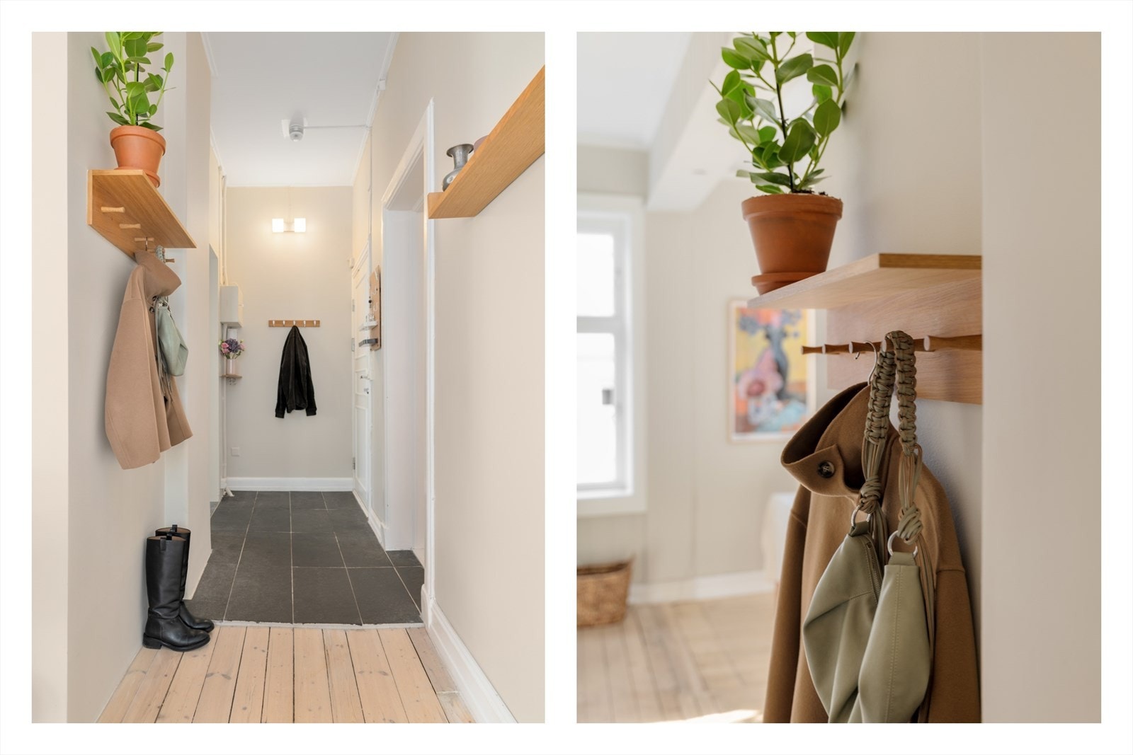 Velkommen inn! Inngangspartiet er lyst og inviterende med praktiske fliser på deler av gulvet. I resten av leiligheten er de fine originale tregulvene bevart. Galleribilde