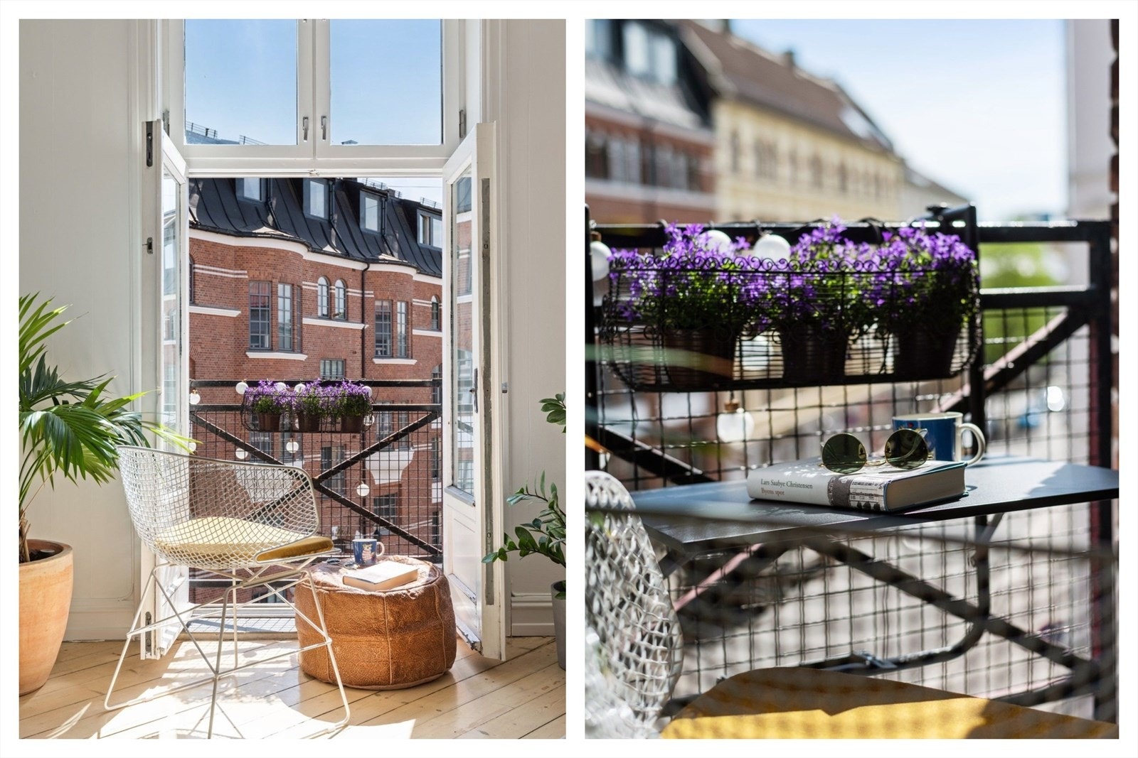 "Vi trodde at vi skulle savne å ikke ha en balkong, men den franske balkongen har gjort samme nytte for oss. Her kan vi slå opp begge dørene og sole oss i vår egen stue". Galleribilde