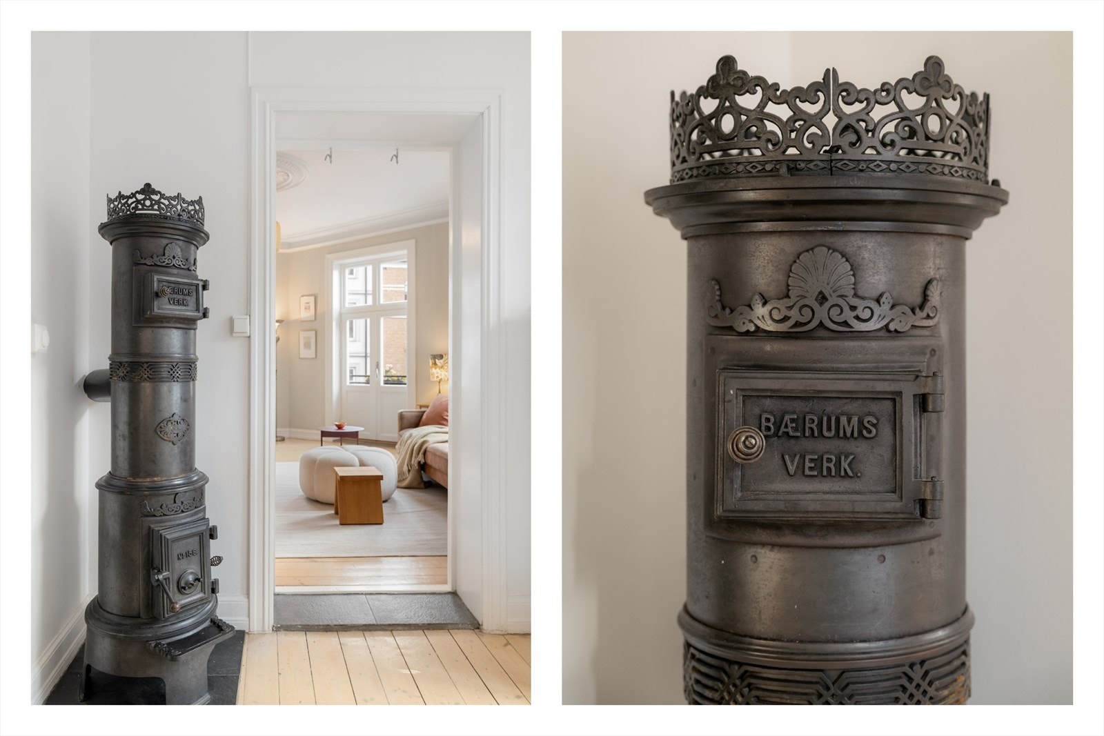 På kjøkkenet er det en vakker rundovn. Den er ikke koblet til pipeløp og fungerer mer som et dekorativt element i rommet. Galleribilde