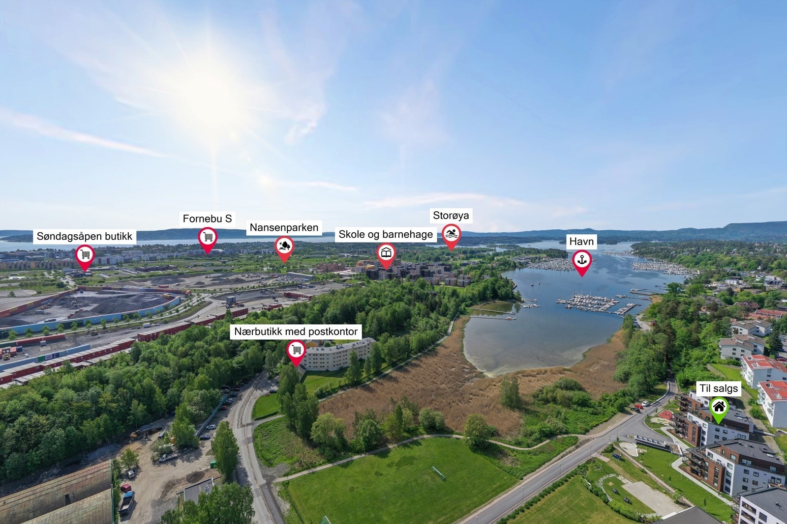 Idyllisk område like ved fjorden med flere grøntarealer og rikt servicetilbud for en praktisk hverdag. Galleribilde