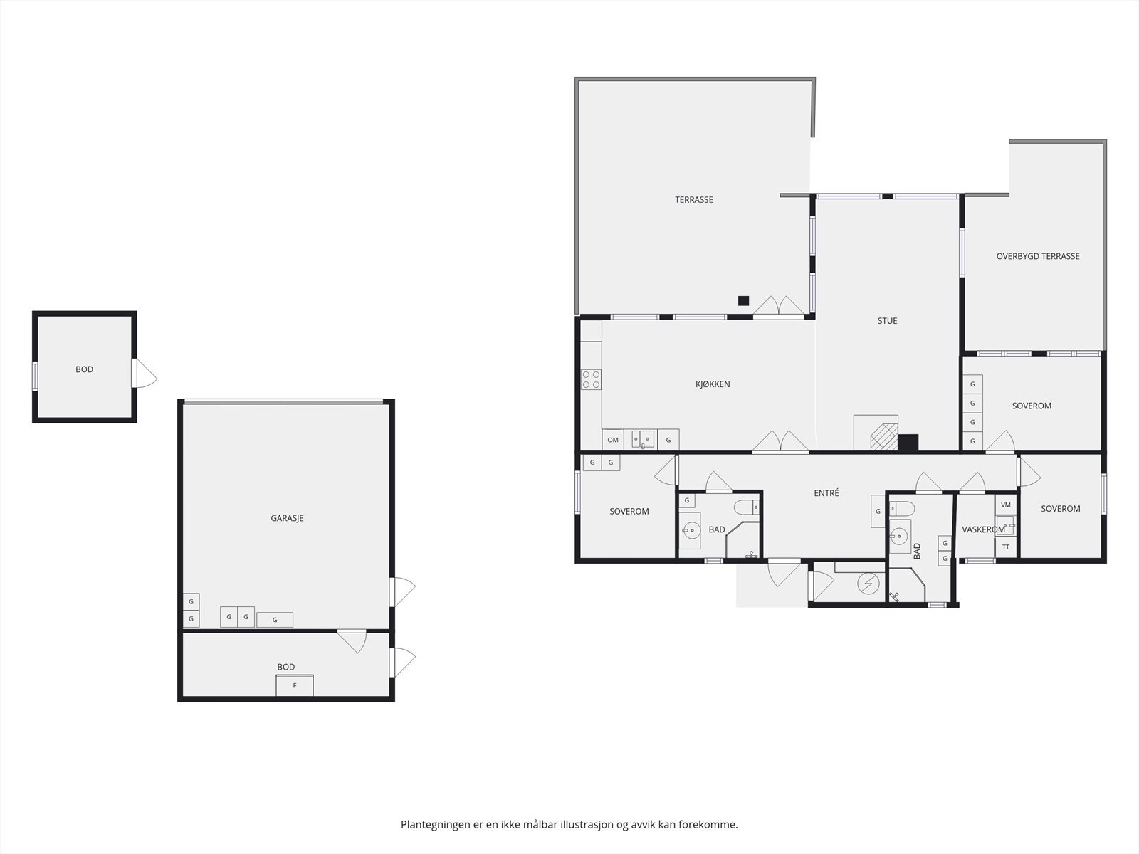 Plantegning hytte, garasje og bod. Galleribilde