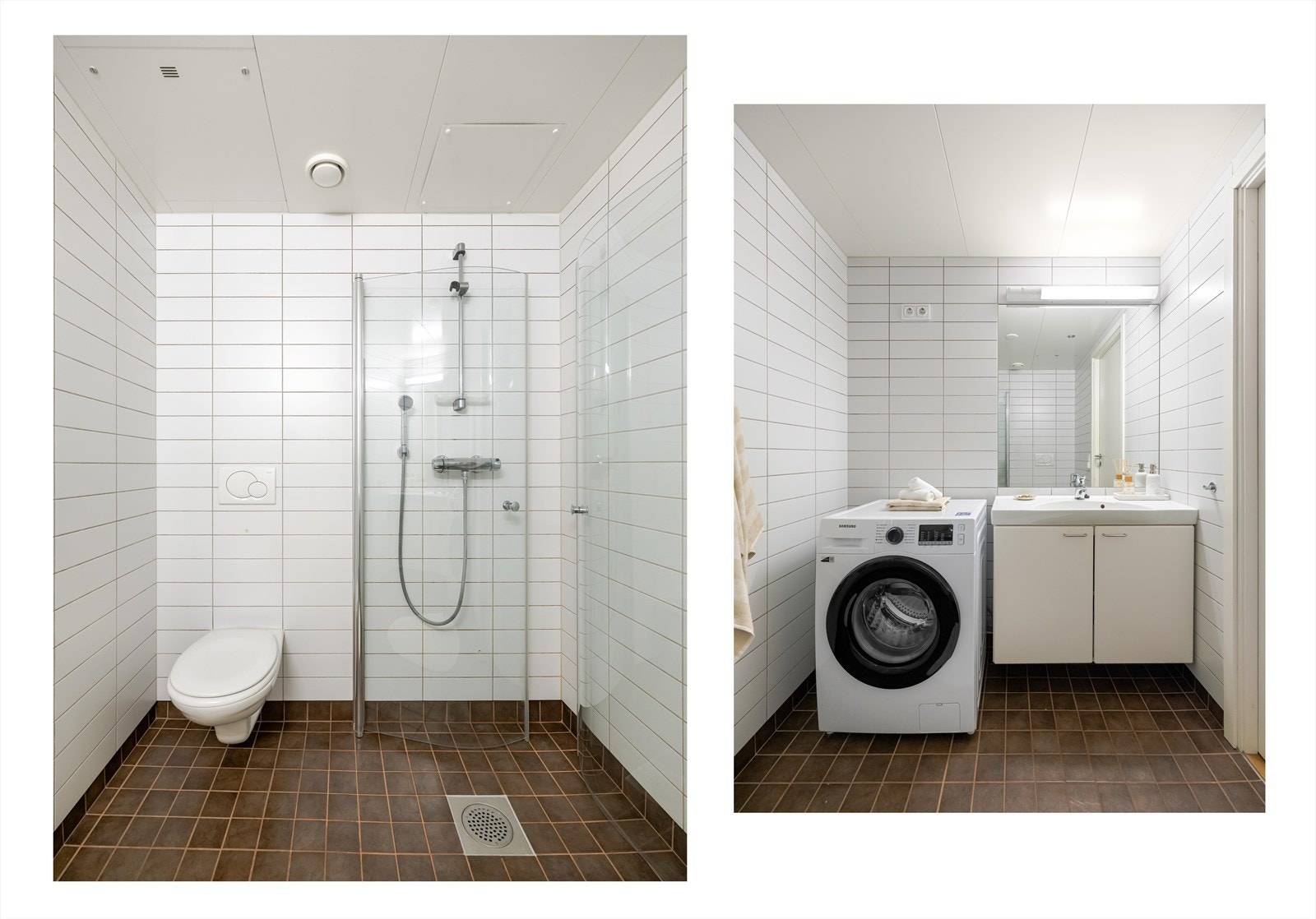 På badet er det opplegg og plass til både vaskemaskin og tørketrommel. Det er avtrekk i himling og elektriske varmekabler på gulvet. Galleribilde