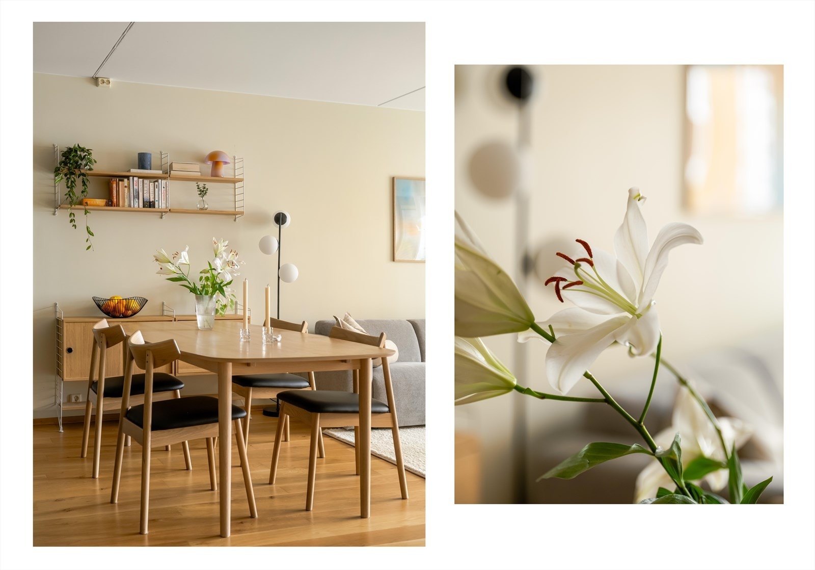 Det pene parkettgulvet går igjen gjennom hele leiligheten, og veggene er malt i tidløse, harmoniske farger. Galleribilde