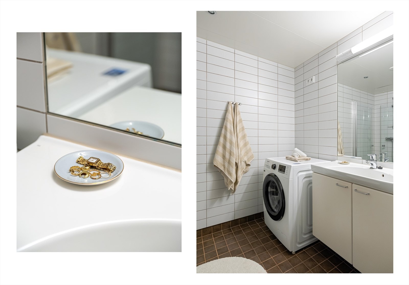 Badet har nøytrale fliser i grått og hvitt, innredning med servant og speil, ellers vegghengt toalett og dusjnisje med glassdører. Galleribilde