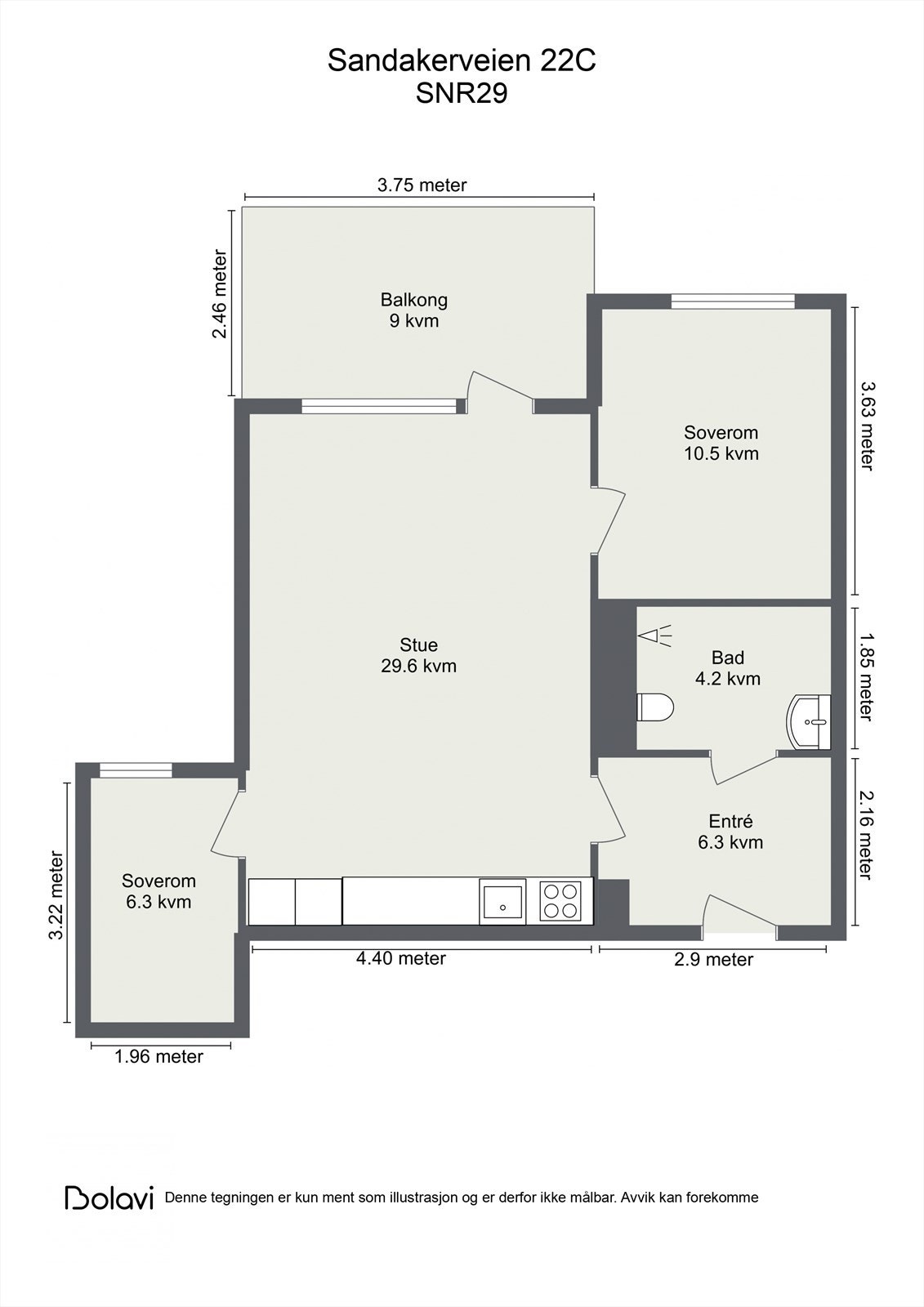 Leiligheten ligger i byggets 2. etasje og inneholder entré, bad, 2 soverom og åpen stue- og kjøkkenløsning med utgang til balkong. I tillegg disponerer leiligheten 2 kjellerboder. Galleribilde