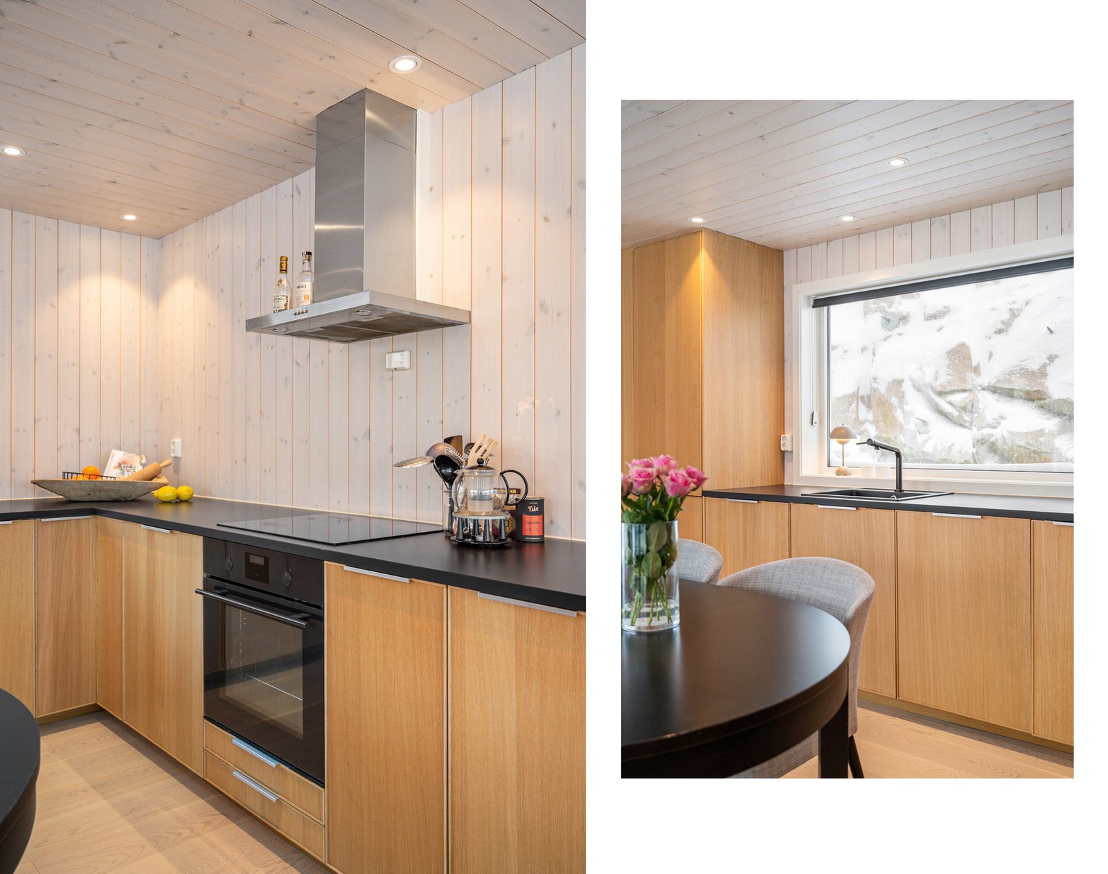 Integrert hvitevarer i innredningen med kjøle/fryseskap, oppvaskmaskin, stekeovn og koketopp Galleribilde