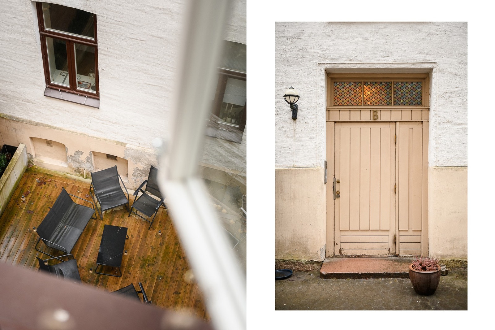 Felles, lettstelt bakgård med sittegrupper. Galleribilde