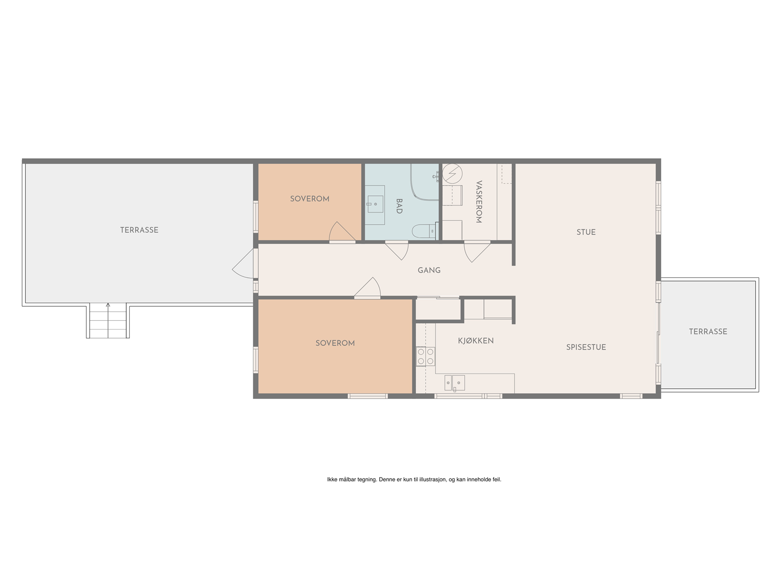 Leiligheten inneholder stue/kjøkken, gang, 2 soverom, bad og vaskerom. Galleribilde