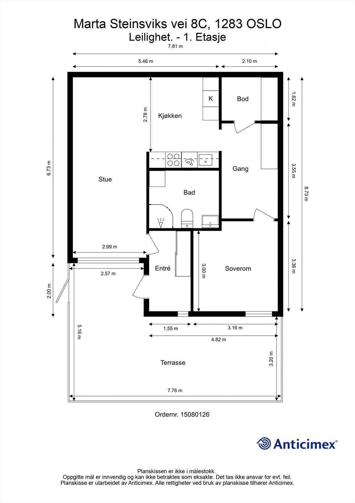 Leiligheten har en gjennomtenkt planløsning på 62 m² med soverom og bad adskilt fra de sosiale sonene. Galleribilde
