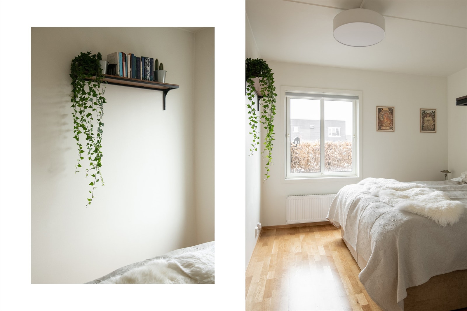 Detaljer fra et lyst og behagelig soverom. Galleribilde