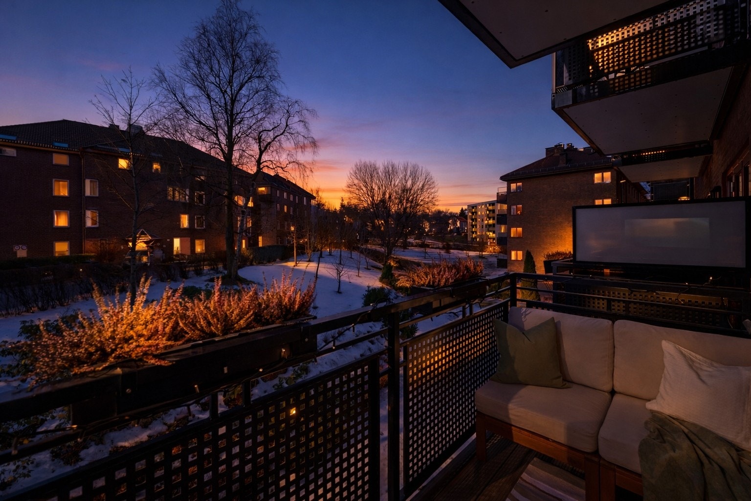 Hyggelig kveldsstemning på balkongen - AI generert og kun ment som illustrasjon. Avvik kan forekomme. Galleribilde