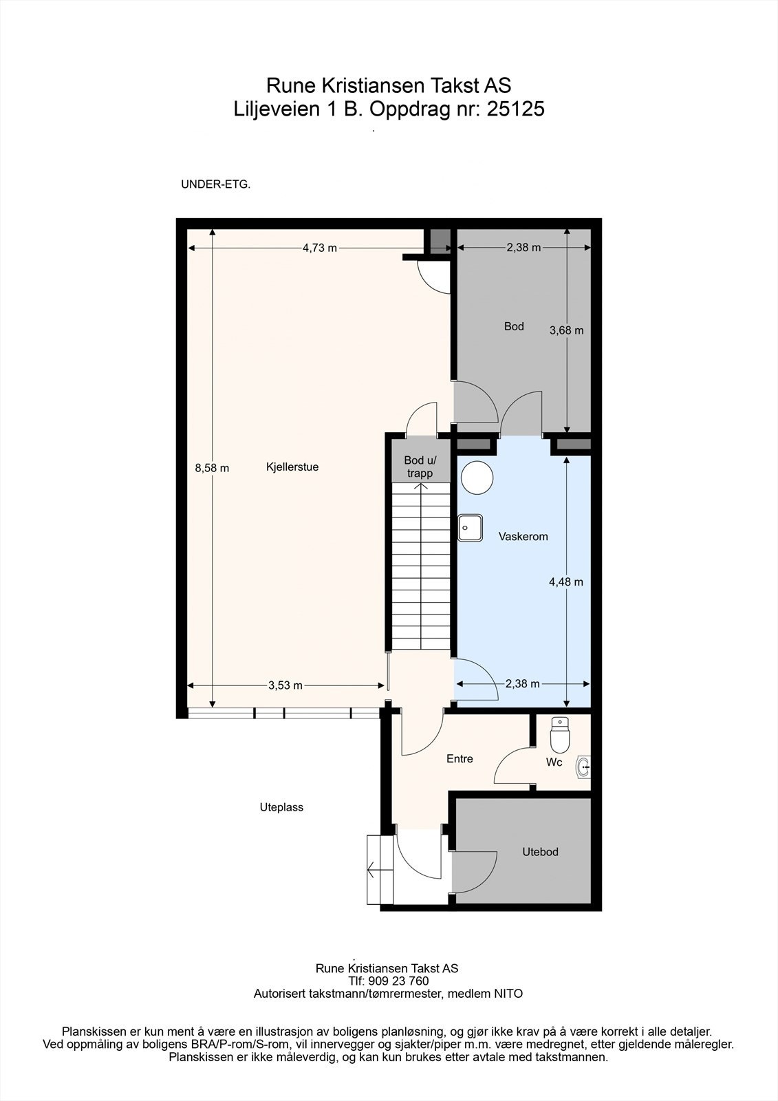 Plantegning U. etg med mål fra takstmann. Galleribilde