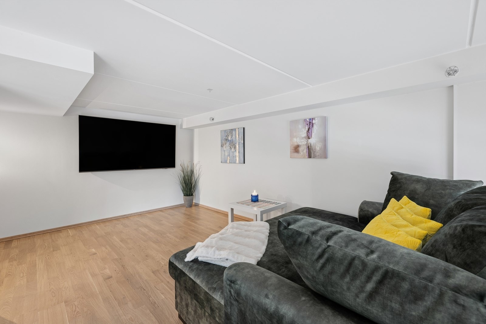 Hemsen er tilrettelagt for veggmontert TV, noe som gjør det enkelt å skape en funksjonell og koselig TV-sone. Galleribilde